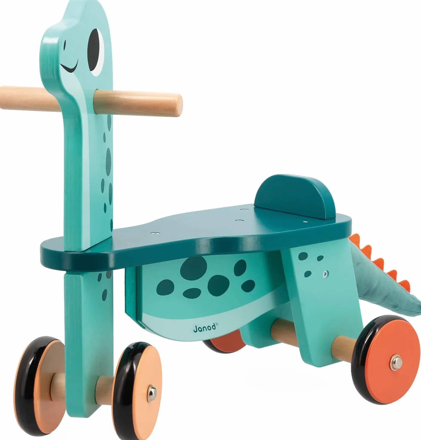 Janod Cavalcabile Dinosauro Portosauro Altezza Sedile 21 cm Coda Peluche Removibile Giocattolo Multisensoriale Legno FSC dai 12 Mesi