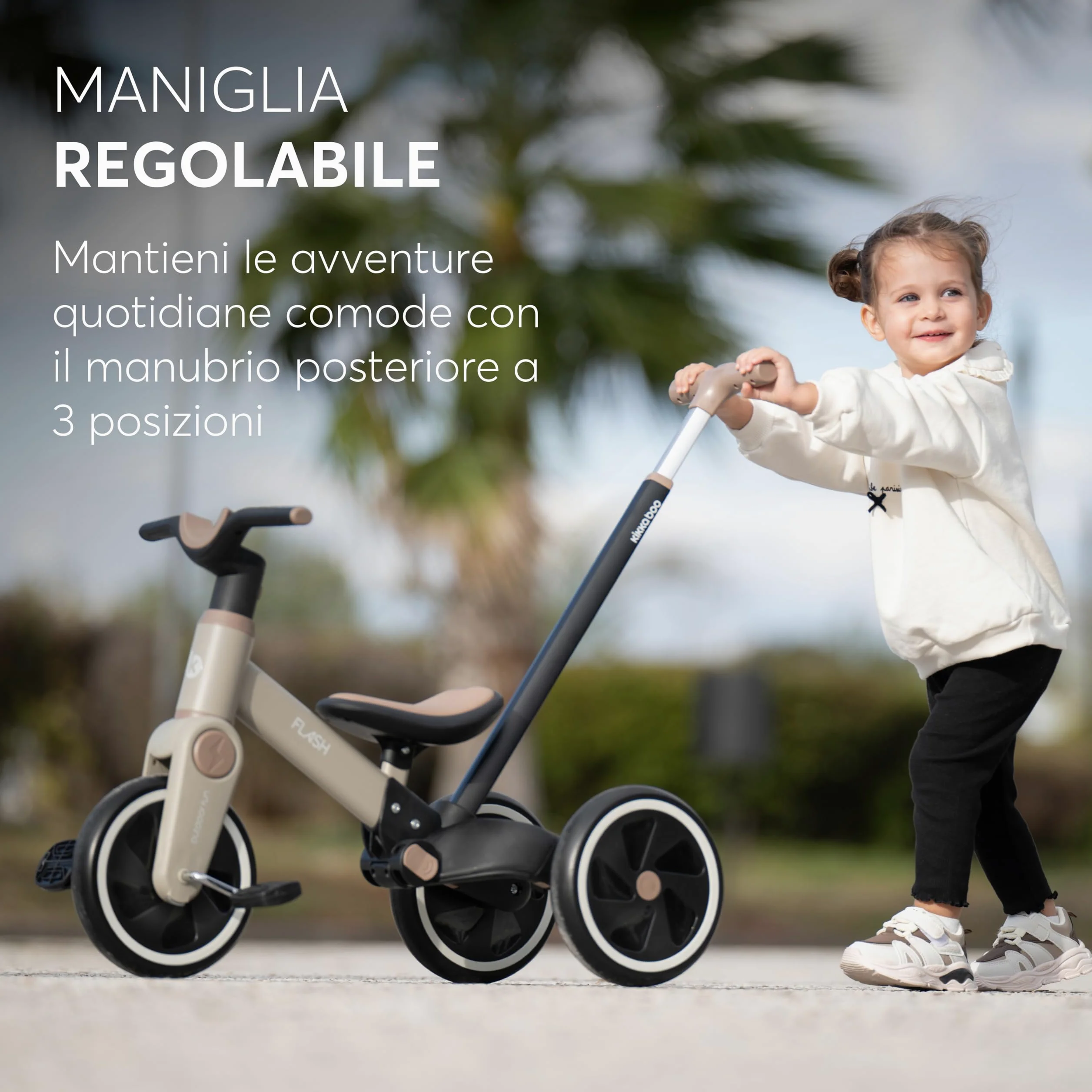 KikkaBoo Triciclo Evolutivo 5 in 1 FLASH, da 18 Mesi a 4 Anni, con Maniglione Regolabile per Genitori, Trasformabile in Bicicletta Senza Pedali, Leggero, Ruote EVA, Telaio in Acciaio, Grigio