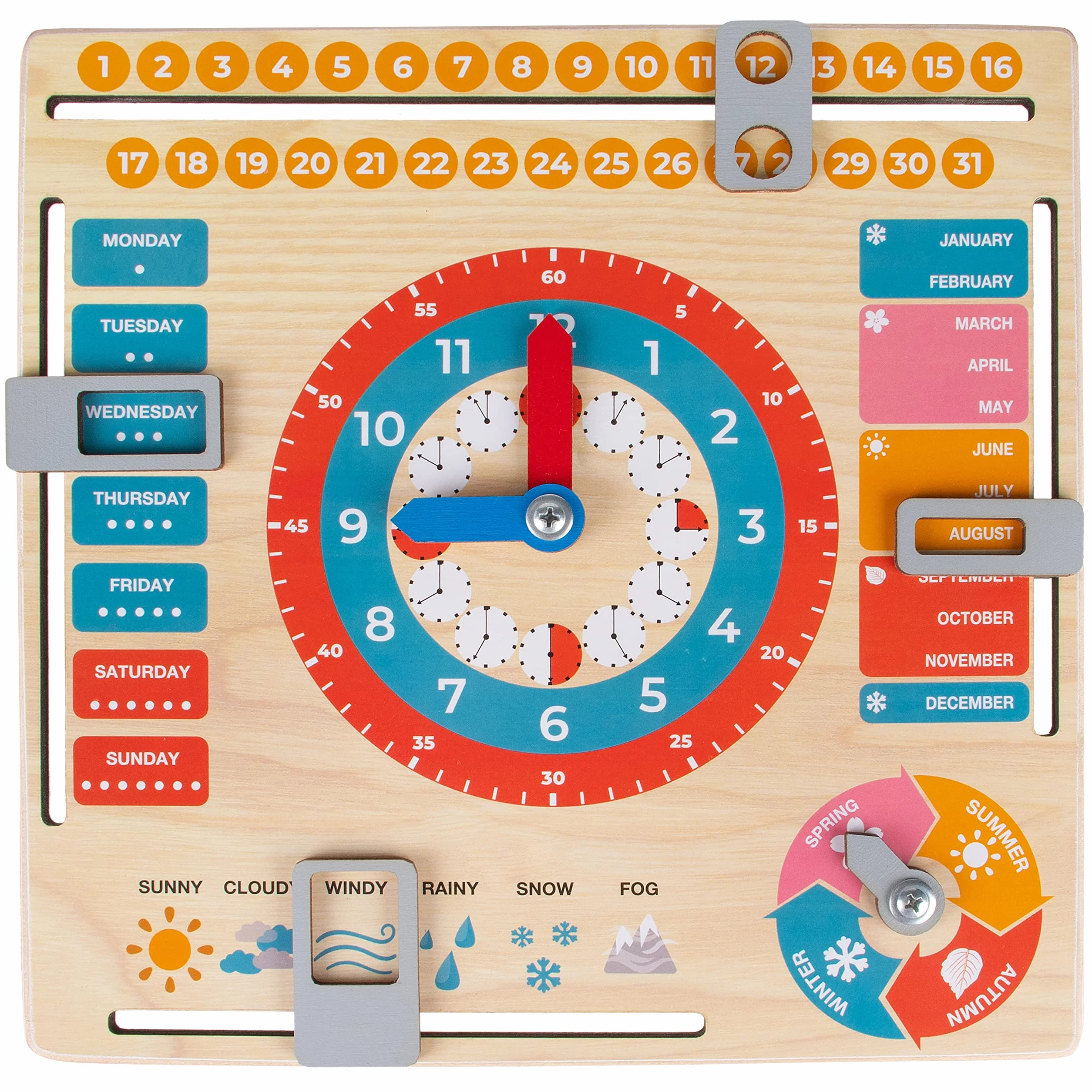 FANCY Calendario Orologio Legno Bambini Inglese - Giochi per Imparare L’Inglese, l'orario, la Data, i Giorni della Settimana, i Mesi, Le Stagioni e Il Tempo atmosferico - Gioco Educativo