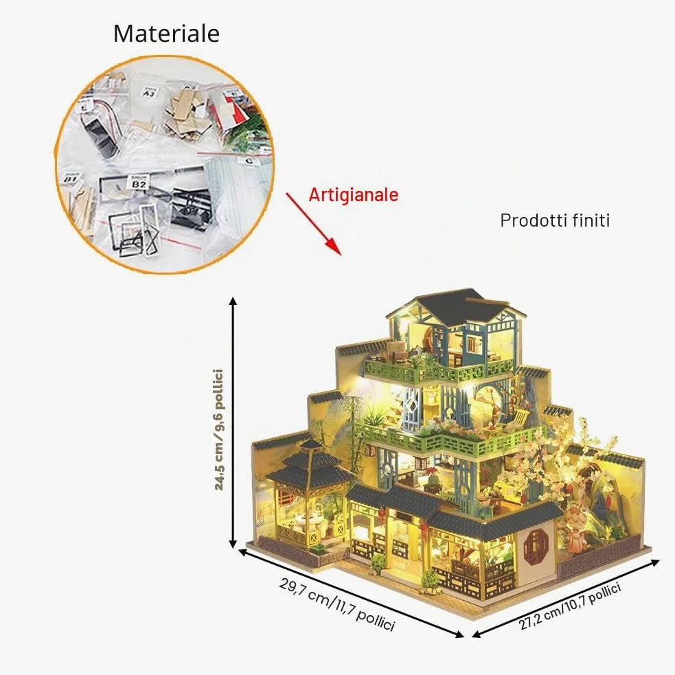 Casa delle bambole in miniatura in stile cinese a tre piani, mobili in legno, kit fai da te per casa delle bambole con LED per stanza creativa, regalo per adulti e bambini