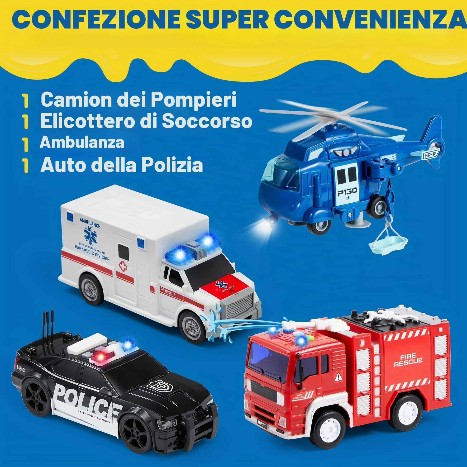 JOYIN Set di 4 set di gioco City Hero alimentati da Attrito, comprendente un camion dei pompieri, un'ambulanza, un'auto della polizia e un elicottero di soccorso