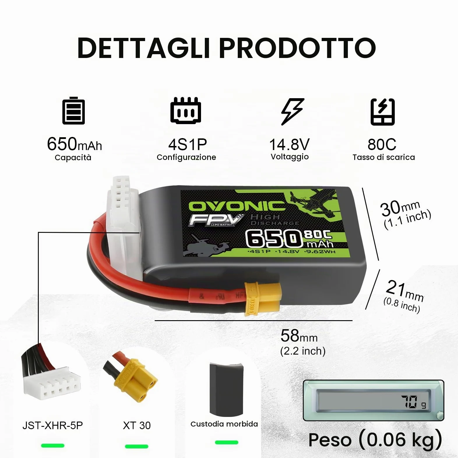 OVONIC Batteria Lipo 4s 80C 650mAh 14.8V con XT30 per RC Aereo Quadcopter Elicottero FPV Racing Drone (4 pezzi)