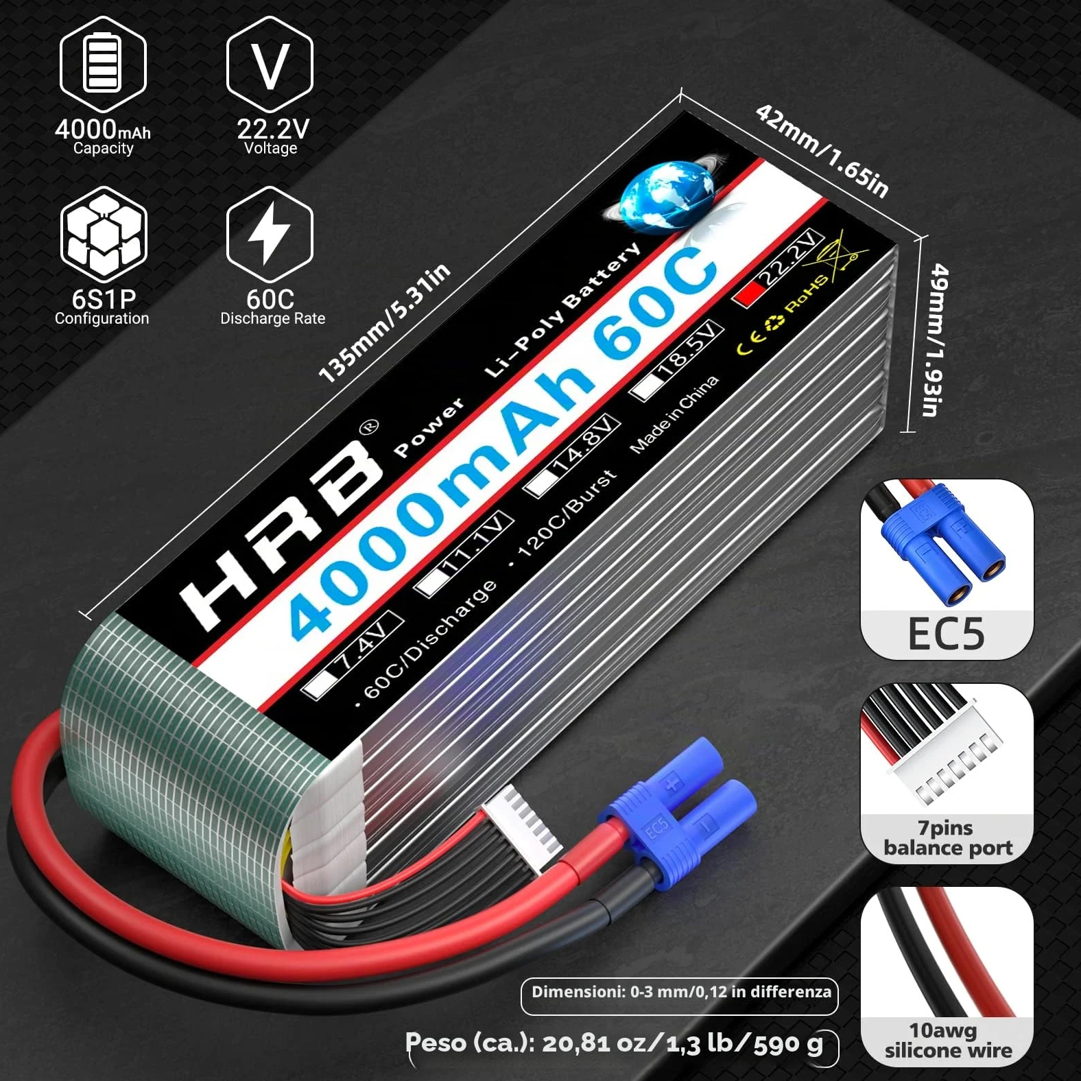 HRB 2pcs 6S 22.2V 4000mAh 60C Lipo batteria con spina EC5 per RC Quadcopter elicottero auto camion barca hobby