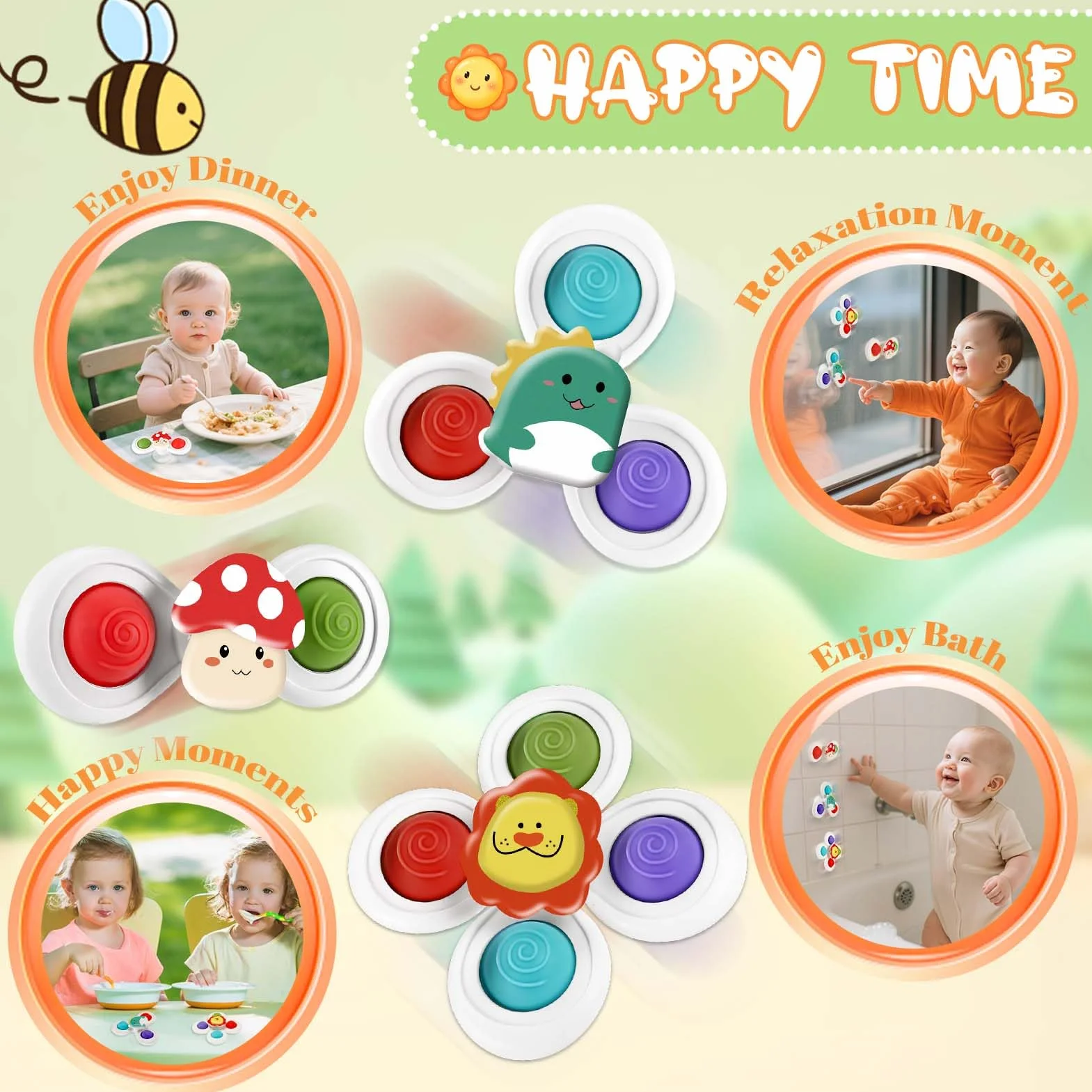 Tapvai 3 Pcs Gioco Seggiolone Ventosa, Giochi Seggiolone Ventosa con Filettato, Spinner Bambini per Divertimento Sensoriale, per Auto Finestra Bagno per Bambini Da 1 a 6 Anni