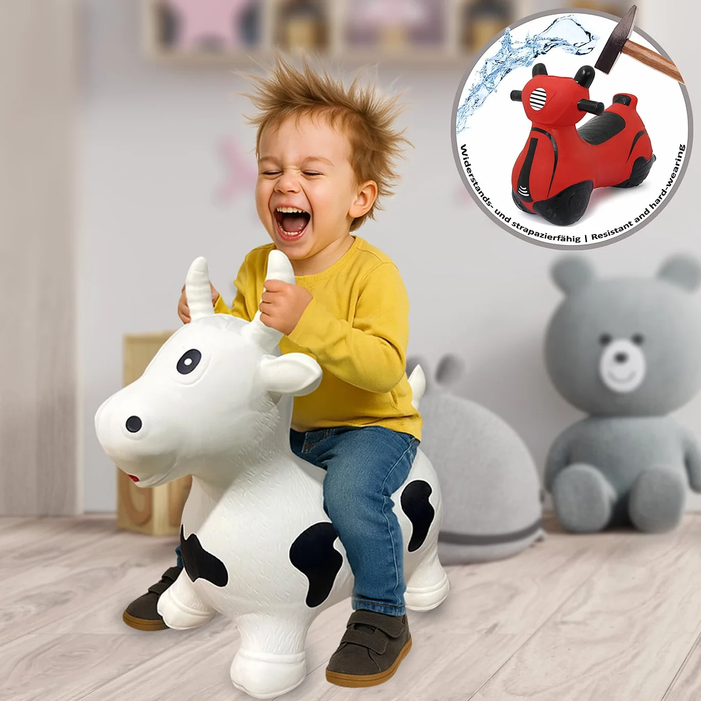 Jamara 460318 - Animale salterino Toro bianco/nero con pompa – Sviluppa l'equilibrio e capacità motorie, Orecchie come sostegno, Robusto e resistente fino a 50 Kg