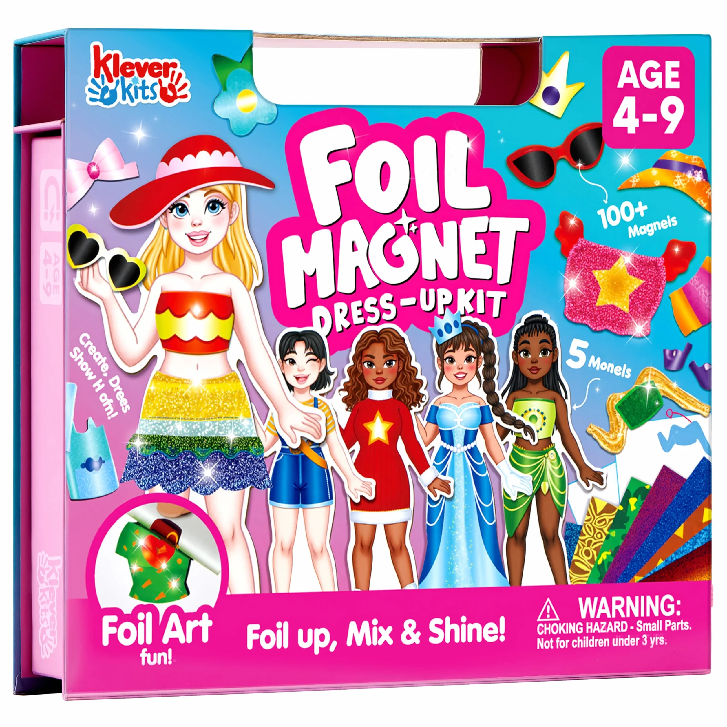 Klever Kits Bambole magnetiche per ragazze dai 4 anni in su, set di styling deluxe con 5 bambole principesse, 60+ abiti magnetici e accessori in alluminio, libro di attività da viaggio regalo per