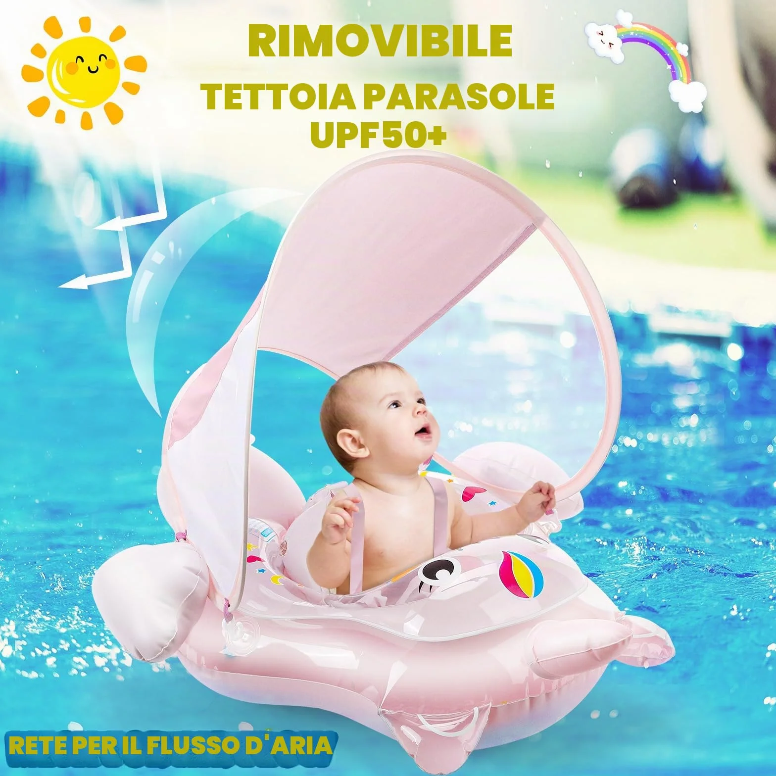Salvagente Neonato, Salvagente Neonato con Parasole Salvagente Gonfiabile per Bambini con Seggiolino di Sicurezza Regolabile Doppio Airbag Anello Salvagente con Pompa per Bambini 8-24 mesi