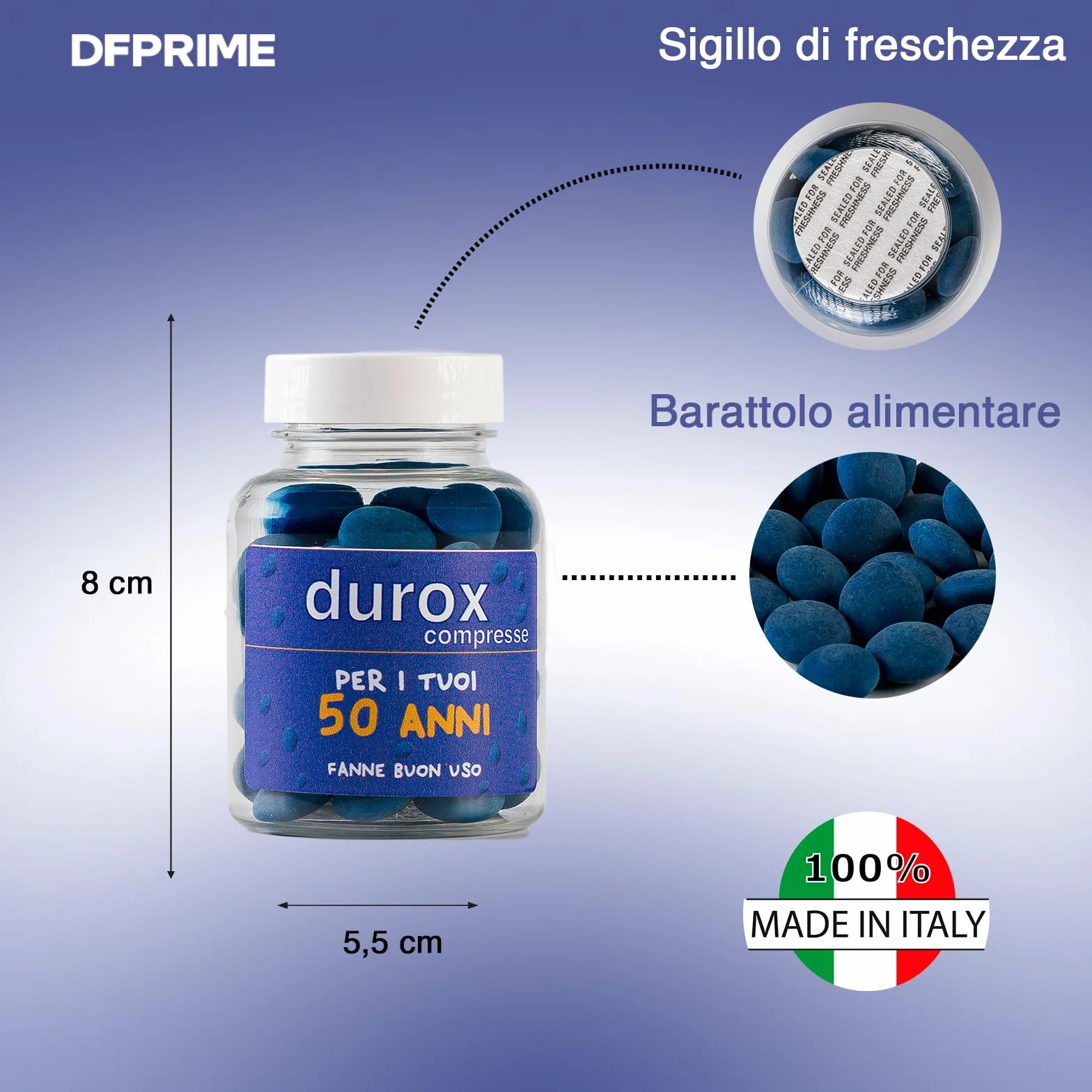 DUROX Compresse Blu 50 Anni – Scherzo Wiagras Goliardico per Uomo – Idea Regalo Divertente Compleanno 50 anni – Confetti Blu al Cioccolato – FANNE BUON USO