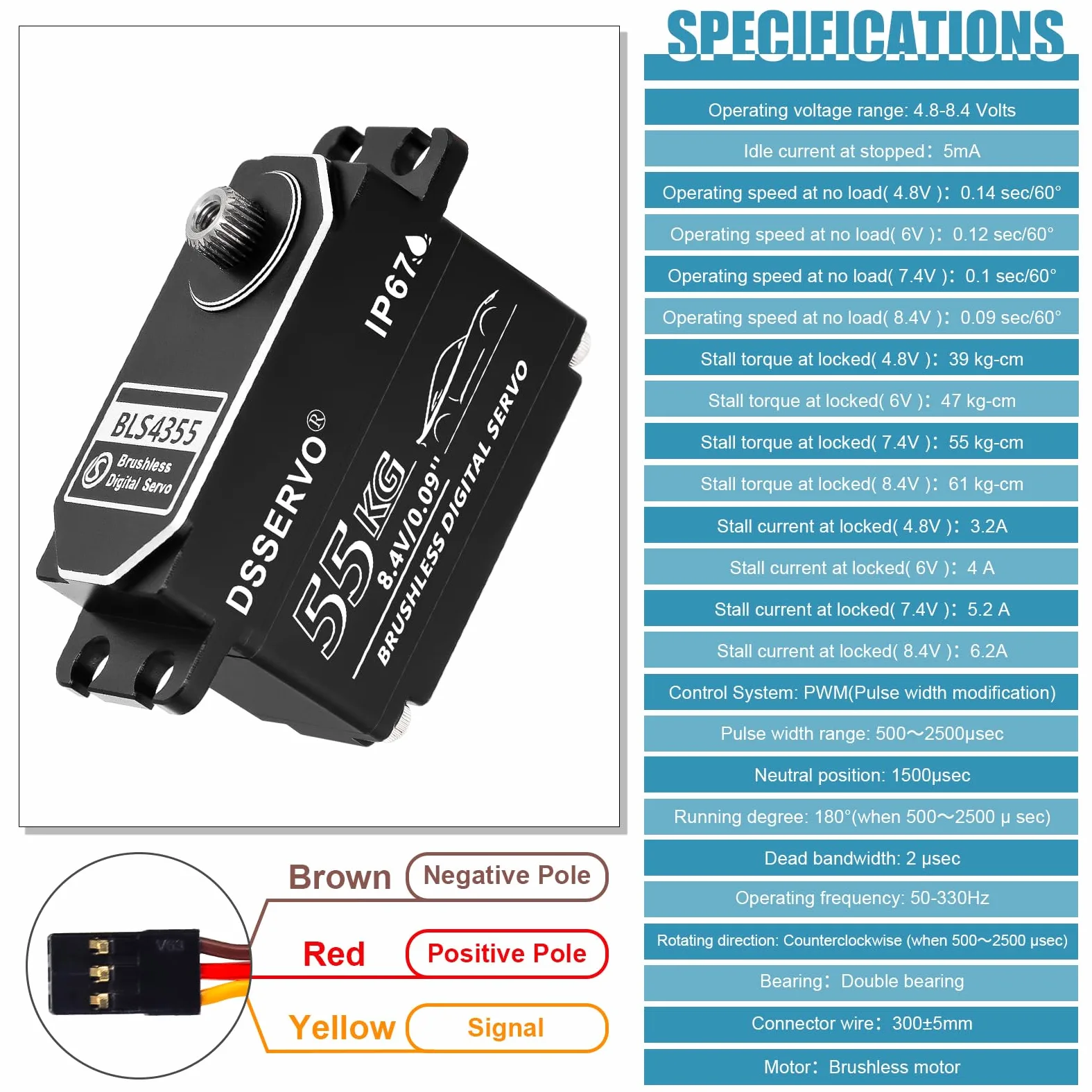 Servo brushless a basso profilo da 55 kg con 2 corno servo 25T tutto il metallo IP67 impermeabile Servo digitale ad alta coppia servo sterzo veloce per 1/8 1/10 1/12 1/14 RC auto, 180 °