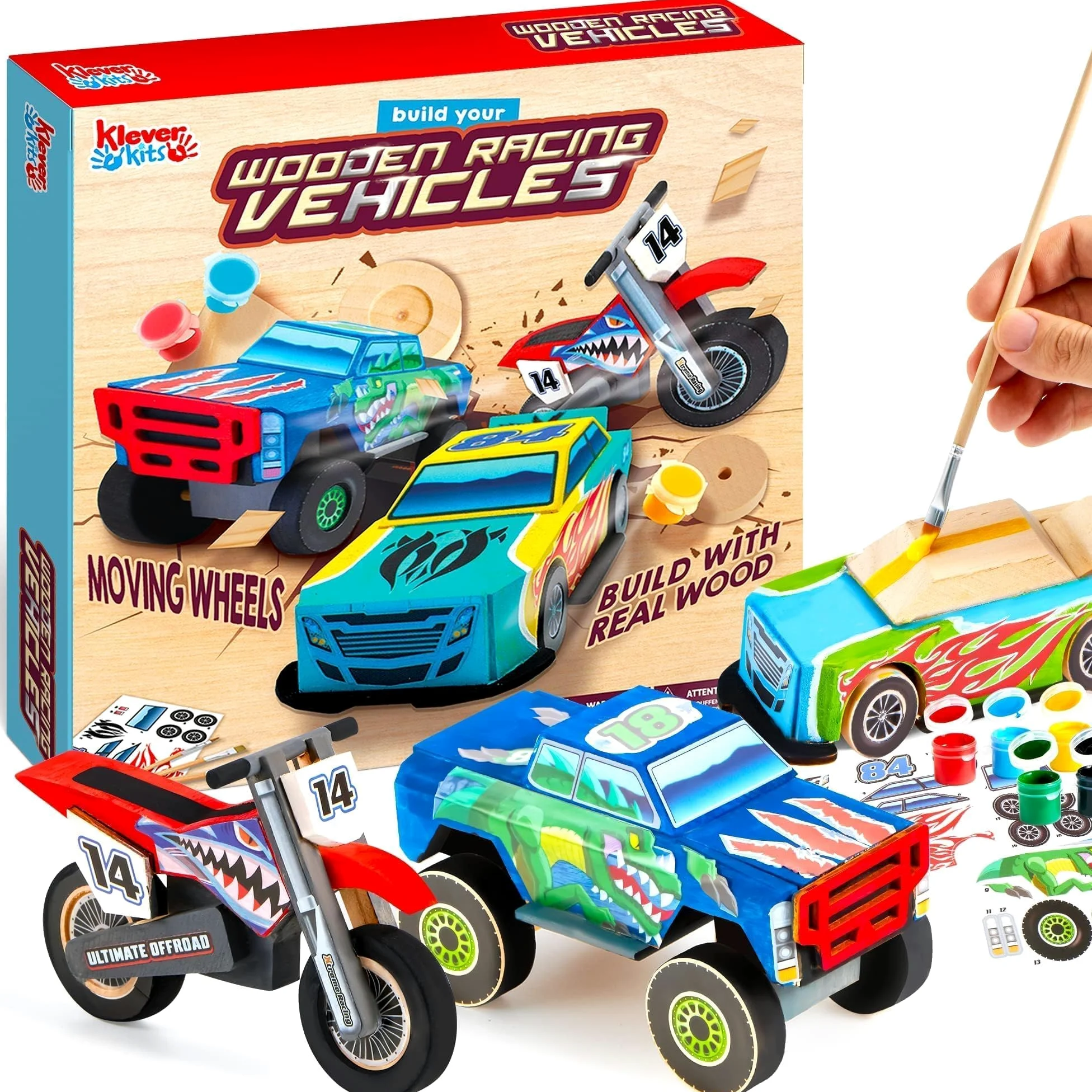 JOYIN klever Kit Bambini Craft Kit corporatura & Paint Your Own Race Car in Legno Art & Craft Kit Fai da Te Giocattoli Crea Il Tuo Auto Camion Giocattolo Costruire e Paint Kit Craft
