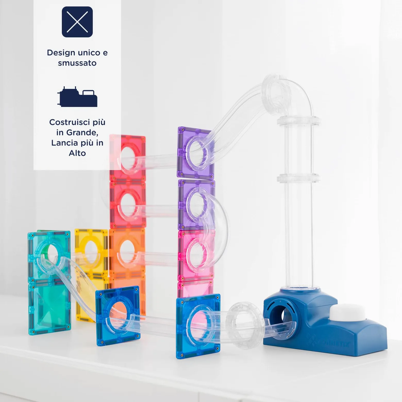 CONNETIX Piastrelle Magnetiche Pista Biglie Launcher Pack, 47 Pezzi | Lancia in alto, costruisci ed esplora forza e movimento con un potente lanciatore, tubi e sfere di legno. Dai 3+ anni.