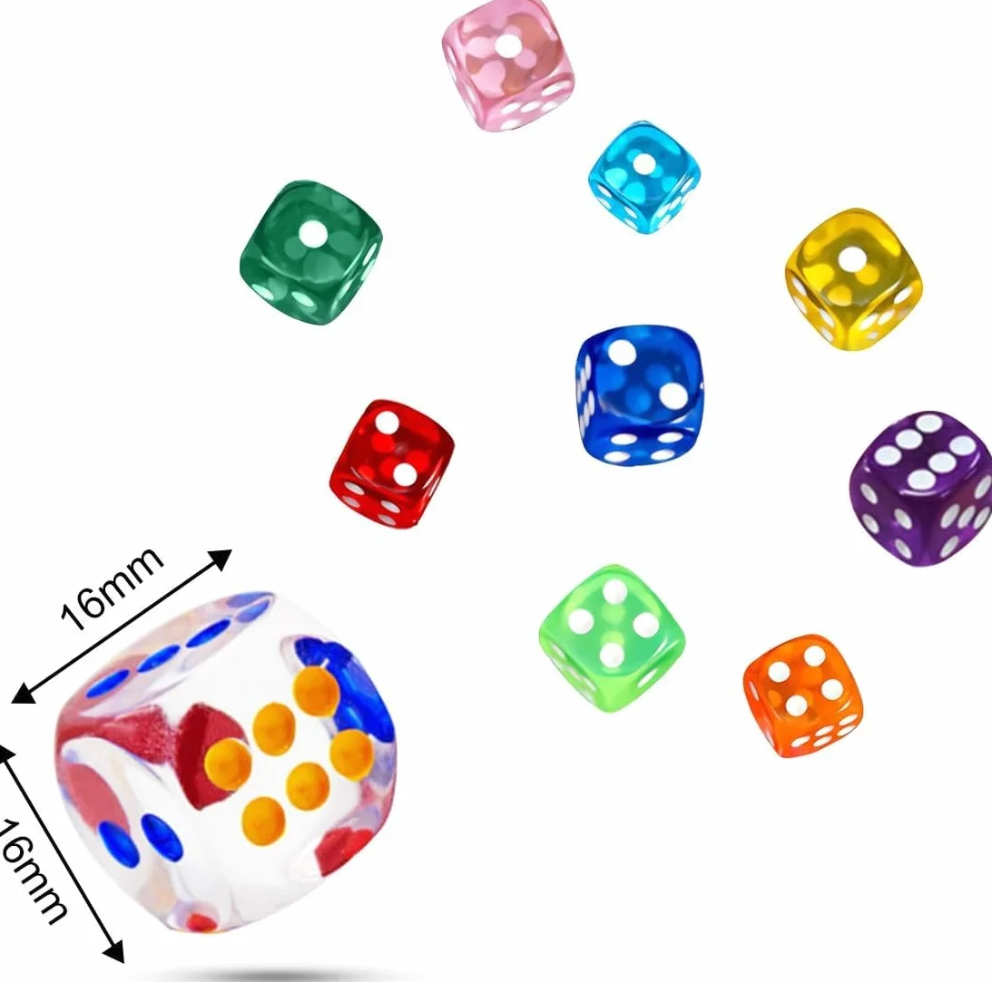 100 Pezzi Dadi da Gioco in Acrilico 10 Traslucido Colori, 16 mm Esaedro Dadi per enzi, Farkle, Yahtzee, Bunco or Insegnare i Matematici