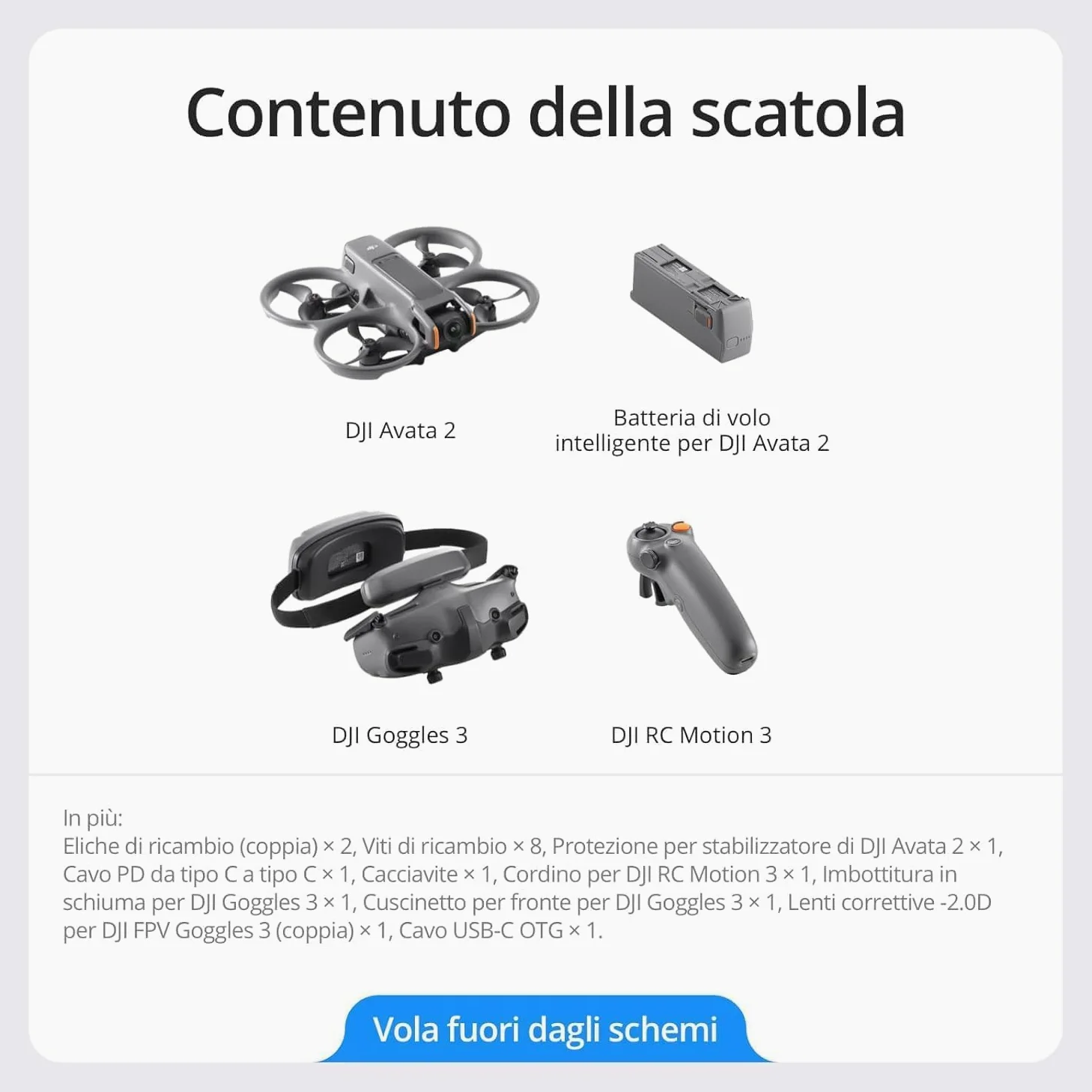 DJI Avata 2 Fly More Combo (1 batteria), Drone FPV con fotocamera 4K, Paraeliche integrati, 360 semplificati con una sola pressione, Goggles 3 e RC Motion 3 inclusi