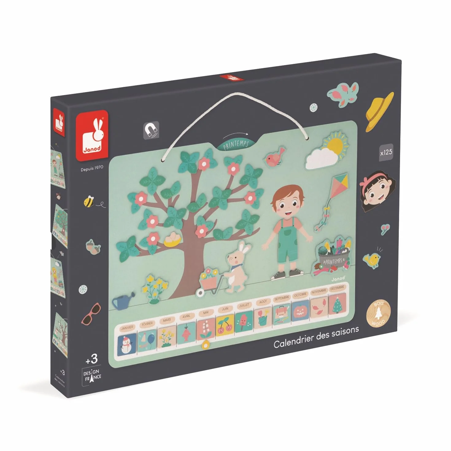 Janod - Calendario delle Stagioni - Calendario Educativo in Legno per Bambini 42 x 32 cm - Magnetico - 125 Magneti - Tempo e Stagioni - Versione Inglese - Dai 3 Anni, J5464