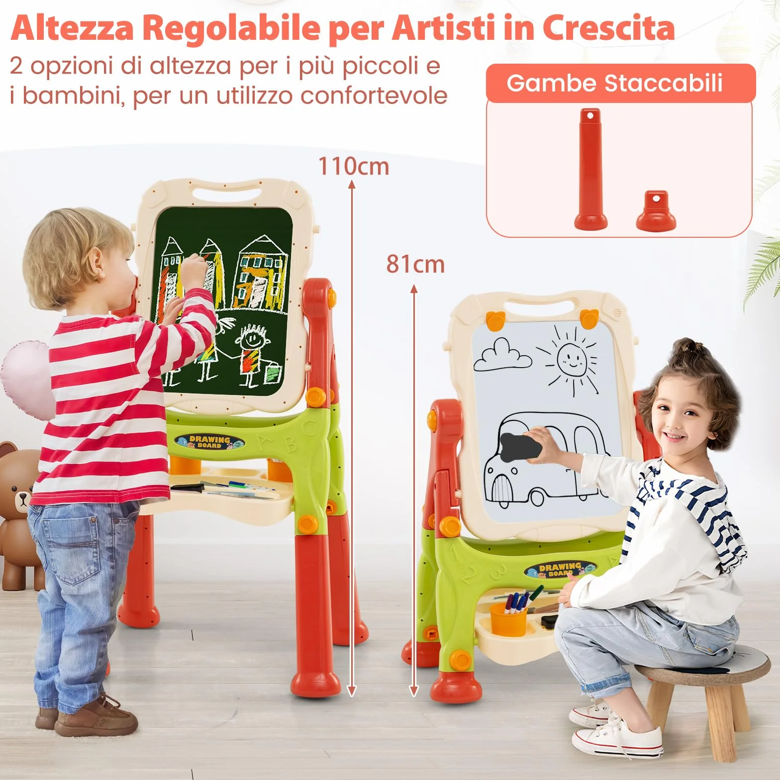 GYMAX Lavagna Magnetica per Bambini, Cavalletto da Disegno Doppio Lato con Lavagna, Tavolo da Disegno Portatile con Maniglia, Altezza Regolabile per Bambini 3+ Anni (Rosso)