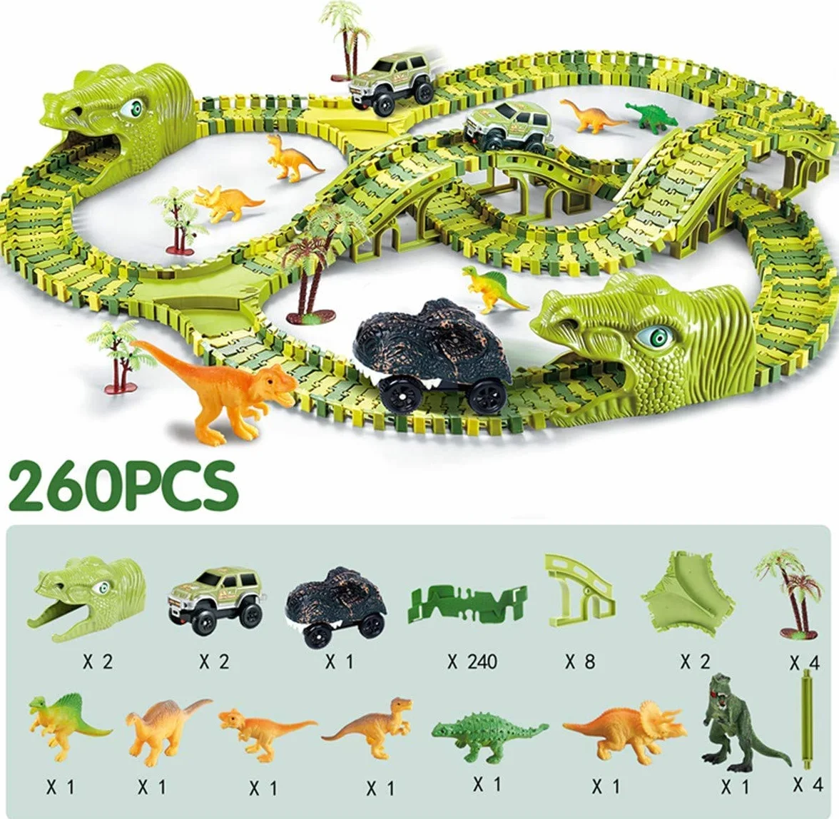 burgkidz Giochi di Dinosauri Pista da Corsa, 260 Pezzi Tracce Playset con 3 Auto e 7 Giocattoli, Regalo Educativo per Bambini