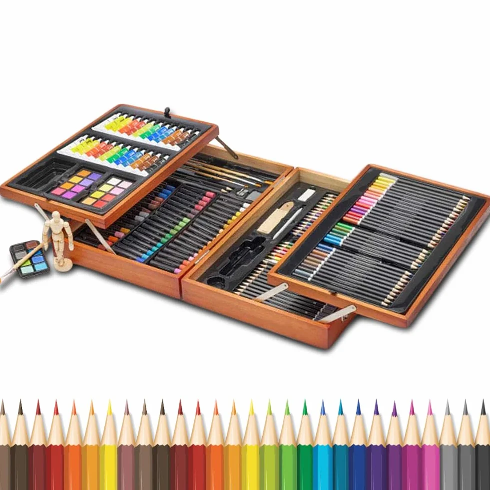 BAKAJI Valigetta Pittore in Legno Professionale 185 Pz, Set Artistico con Pastelli ad Olio, Acquerelli, Matite Colorate, Pittura Acrilica, Custodia Portatile