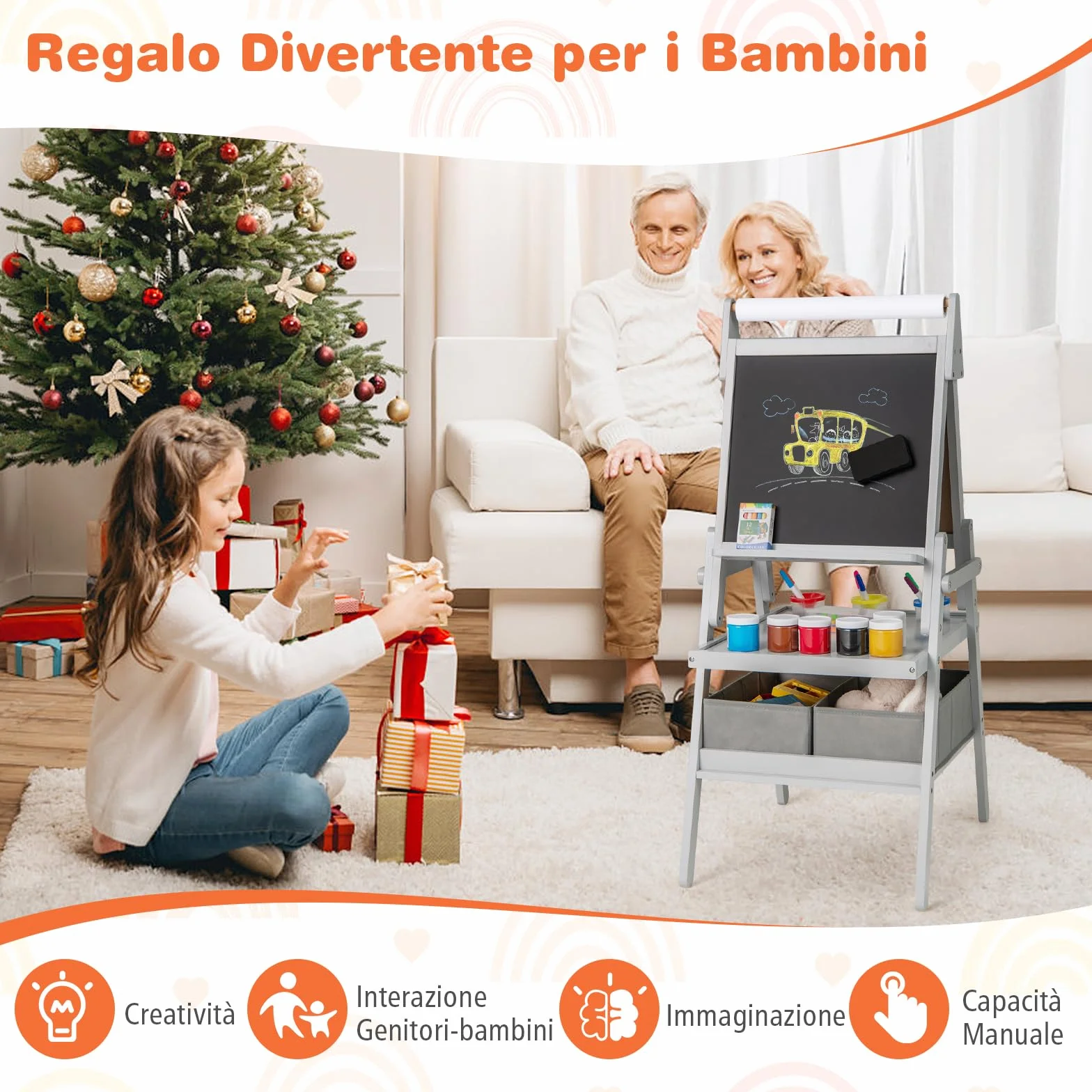 COSTWAY 3 in 1 Cavalletto per Bambini, Cavalletto con Doppia Faccia Magnetica e Lavagna Bianca, Rotolo di Carta, 3 Bicchieri per Vernice e 2 Cestini in Tessuto, per Bambini 3-6 Anni (Grigio)