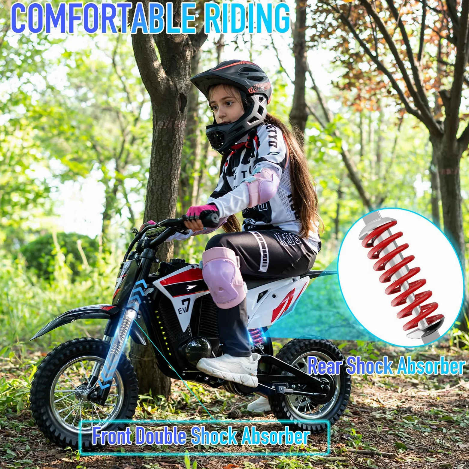 EVERCROSS EV12M PRO Motocicletta Elettrica Bambini, 300 W, Bluetooth e LED | Moto Elettrica per Bambini da 110 cm, 3 Velocità, 18 km di Autonomia, Batteria 5,2 Ah, Ruote 12 pollici, Sospensioni
