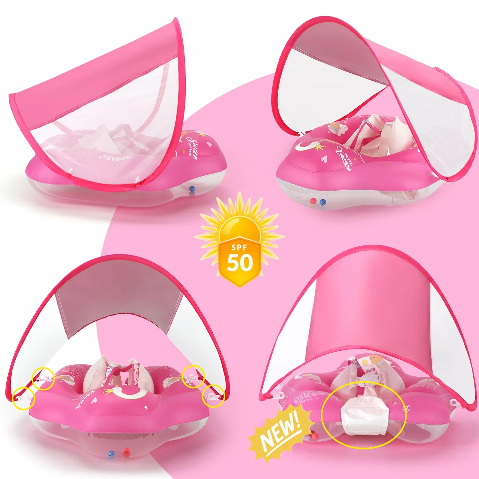 WYRIAZA Salvagente Neonato con Parasole, Salvagente Bambini 1-3 anni, Ciambella Neonato Mare, Baby Pool Float con Sedile, Doppio Airbag