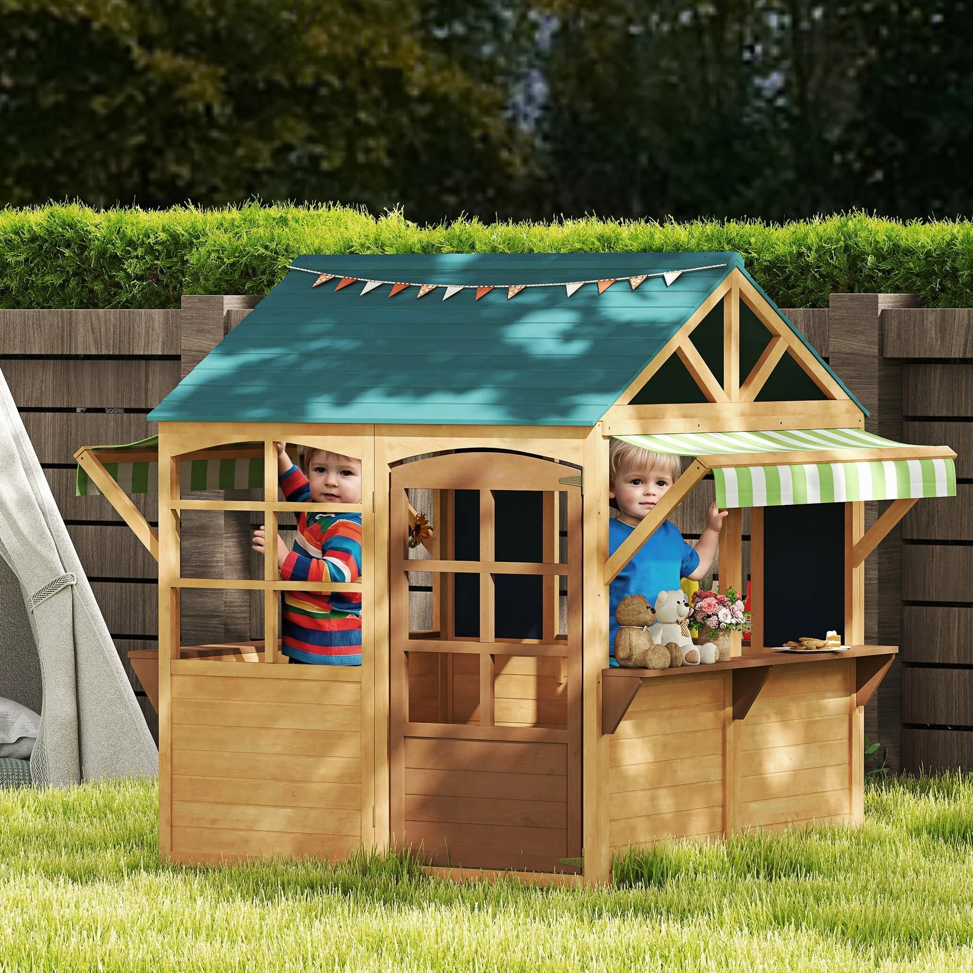 AIYAPLAY Casetta per Bambini in Legno di Abete, Casetta da Giardino Pieghevole con 5 Finestre, Tettoia, Porta e 2 Lavagne Nere, Casa da Esterno per Bimbi 3-8 Anni, 173x117x144 cm, Marrone