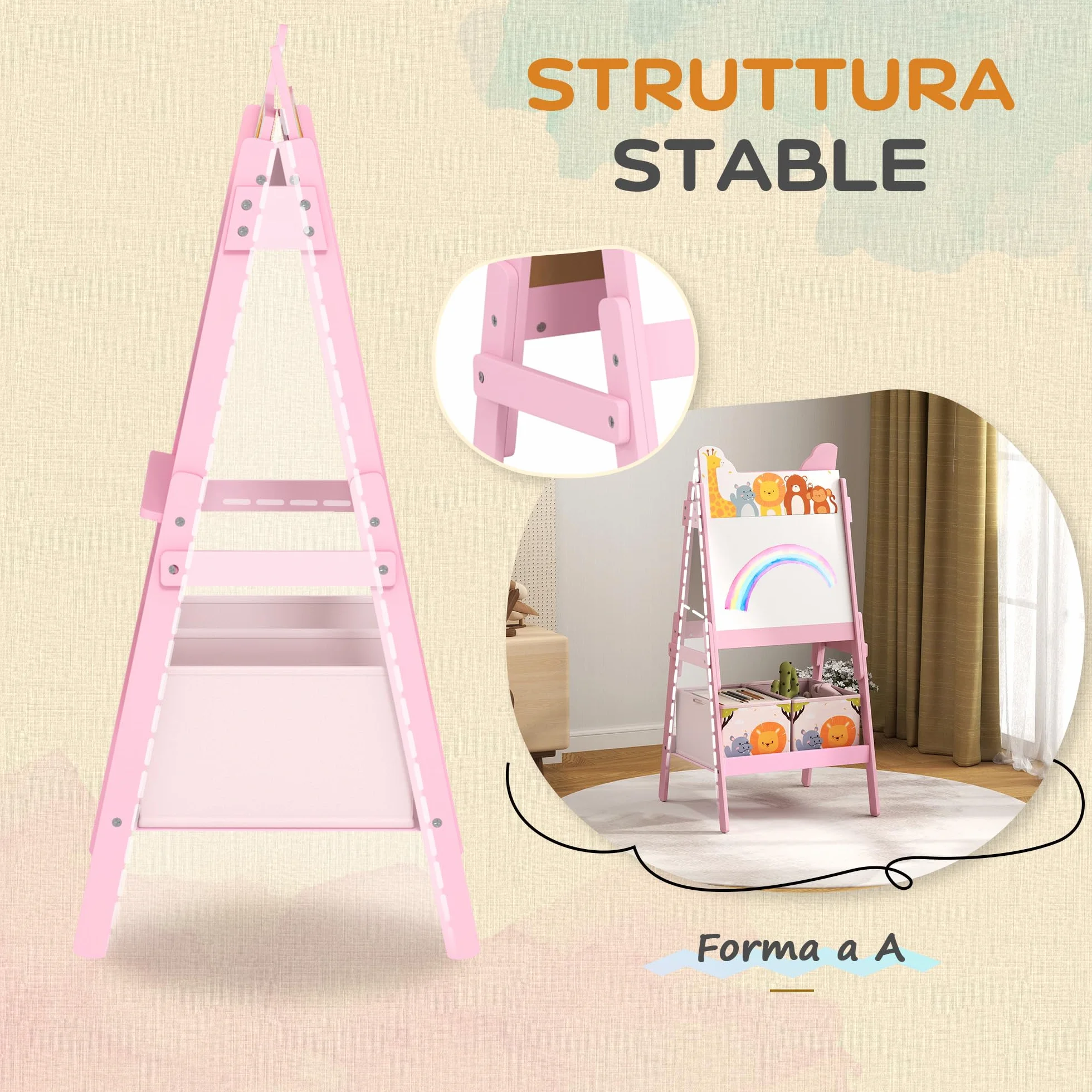 AIYAPLAY Cavalletto Artistico per Bambini in Legno 3-8 Anni con Lavagna Bianca e Nera 53.5x49x113 cm Rosa