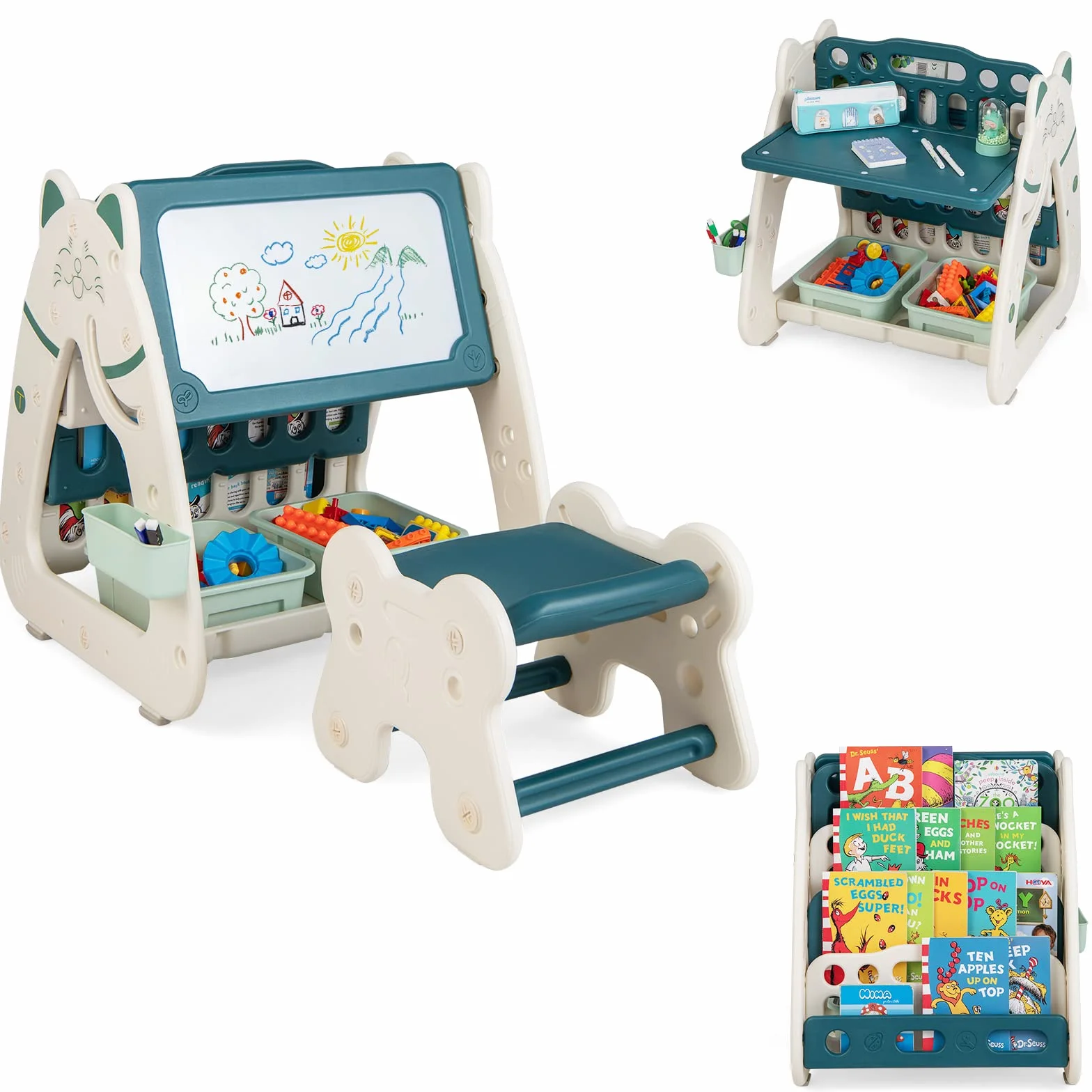 RELAX4LIFE Cavalletto Magnetico per Bambini 3 in 1 con Sgabello Regolabile in Altezza, Libreria per Bambini e Tavolo con Lavagna Cancellabile a Secco, 2 Scatole Portaoggetti, a Forma di Gatto