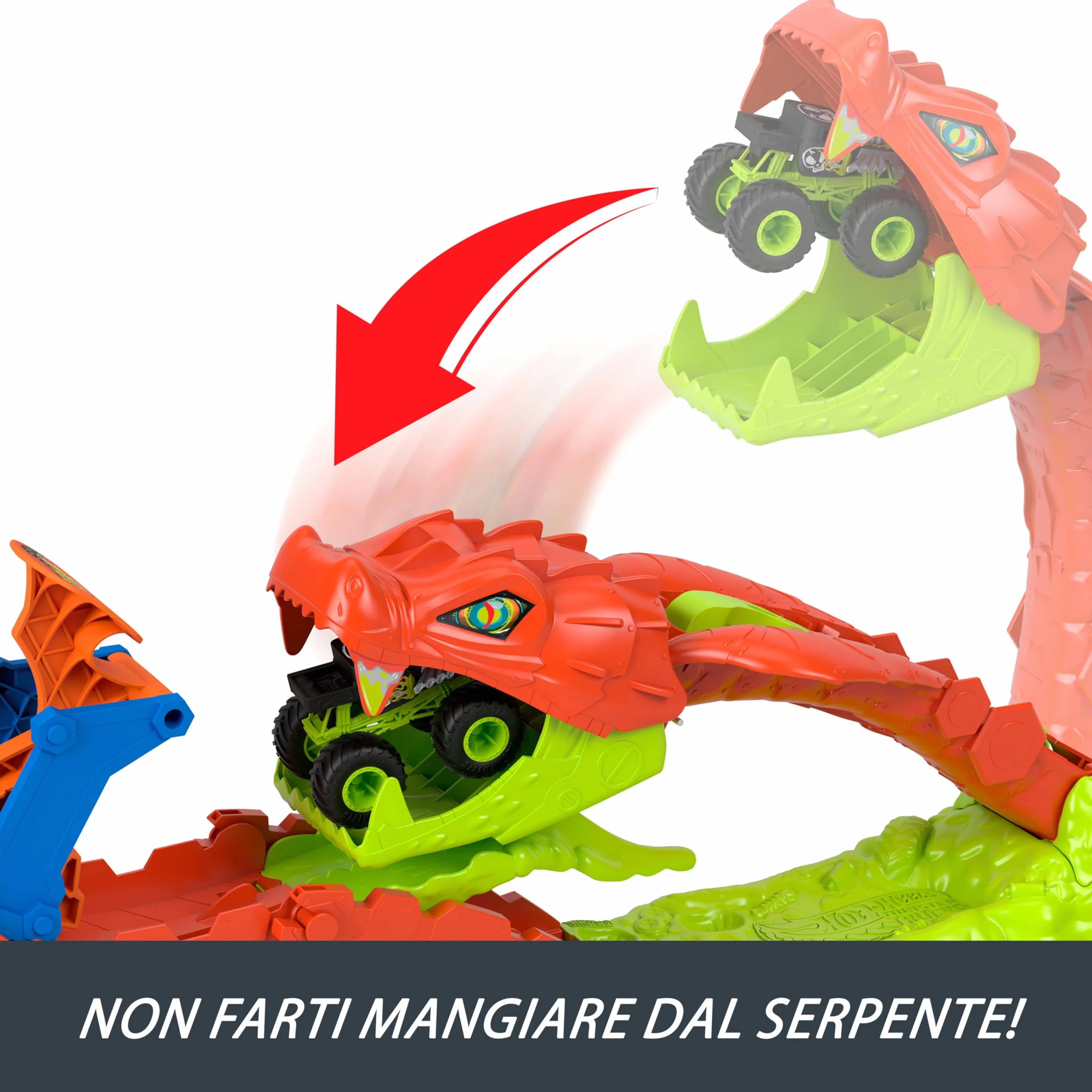Hot Wheels Monster Trucks - Attacco del Serpente, set pista con lanciatore e veicolo Bone Shaker in scala 1:64 incluso, sconfiggi il gigantesco seprente nemico, 4+ anni, JJN44