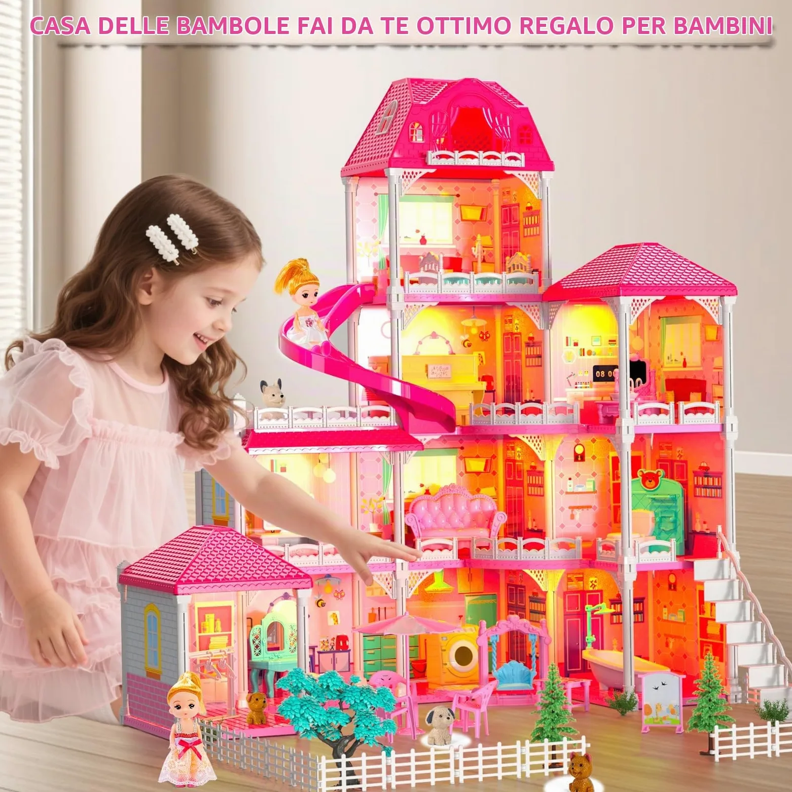 Doloowee Casa delle Bambole Grande con Scivolo per Bambine 3 4 5 Anni | Casa delle bambole a 4 piani e 10 stanze, di mobili e una ricca serie di accessori, regalo per bambine di 3, 4, 5 e 6 anni