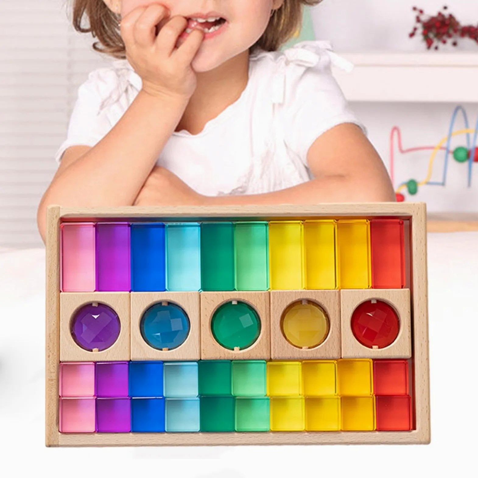 Set di 30 Blocchi da Costruzione Arcobaleno, Gioco di Impilamento, Gioco di Dadi, Cubi in Acrilico Effetto Pietra Preziosa con Base in Legno per Bambi, 35 Pezzi