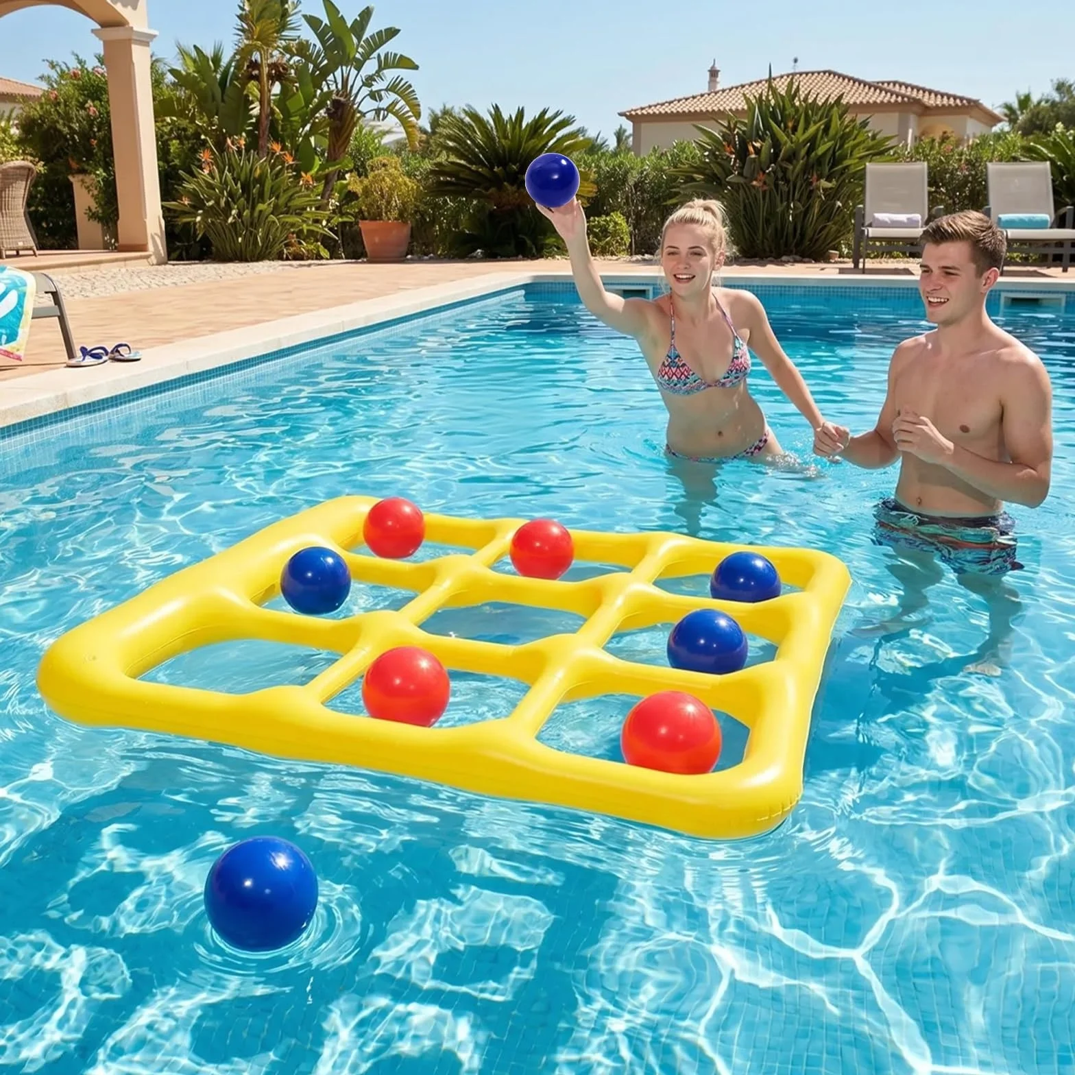 CYFIE Giocattolo per Piscina Tic Tac Toe, Gonfiabile, 3 x 3, con 10 Palline e 2 Pompe, Giocattolo per Adulti, Accessori per Piscina, Divertimento per Piscina, Spiaggia e Giardino, Giocattolo