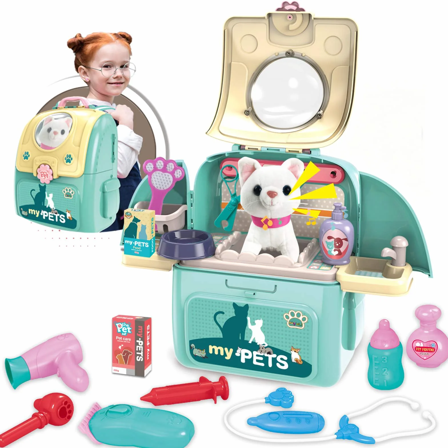 Gifts2U Giocattoli veterinari per bambini, set di giochi di ruolo per medici, educare la ragazza prendersi cura dell'animale domestico, gatto può cantare zaino giocattoli per bambini di 3 4 5 6 anni