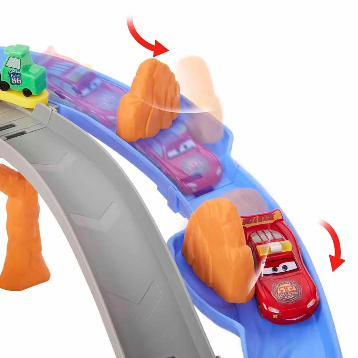Mattel CARS - Sfreccia e Soccorri Circuito per Soccorso Stradale, set con 2 tipi di gara, Saetta McQueen, Chicks Hicks e 2 veicoli della squadra di Pitty, giocattolo per bambini, 4+ anni, JFL57