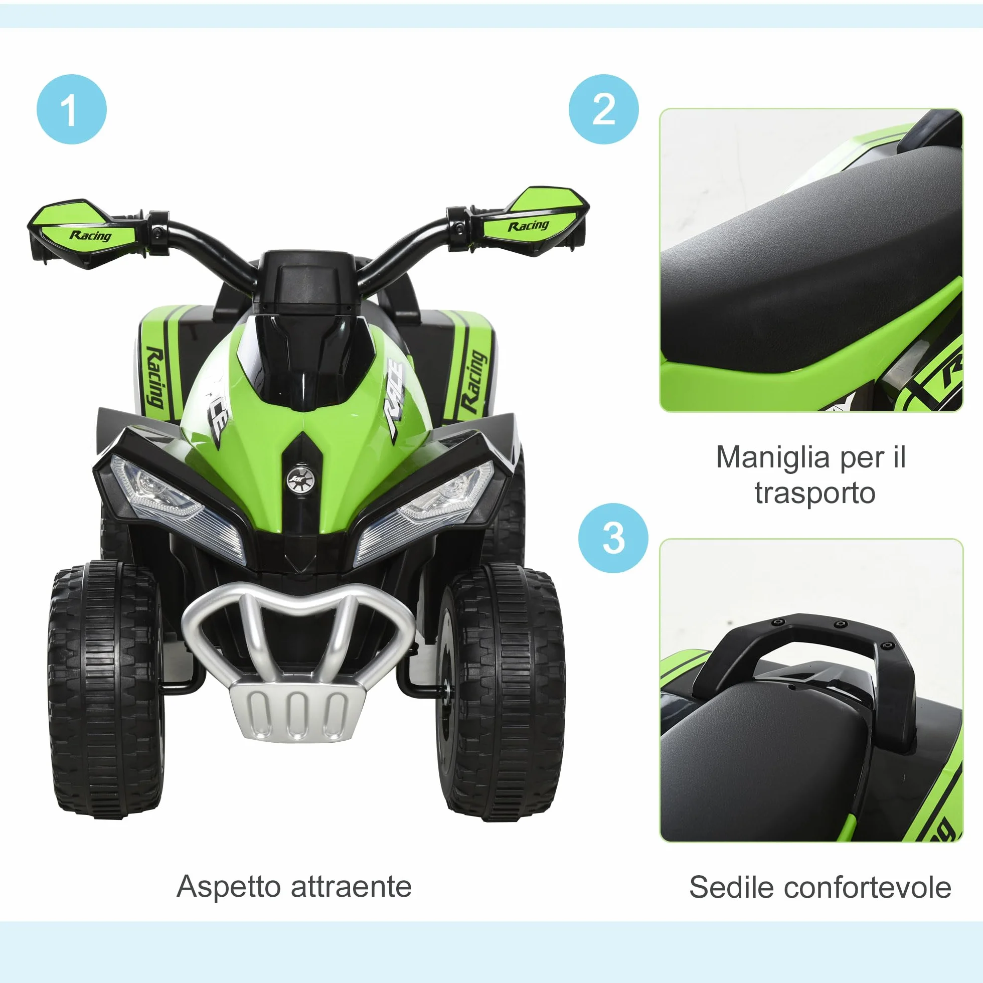 HOMCOM Mini Quad per Bambini 18-36 Mesi, PP e Metallo, Spinta Manuale, Musiche, Fari, 67.5x38x44cm, Verde