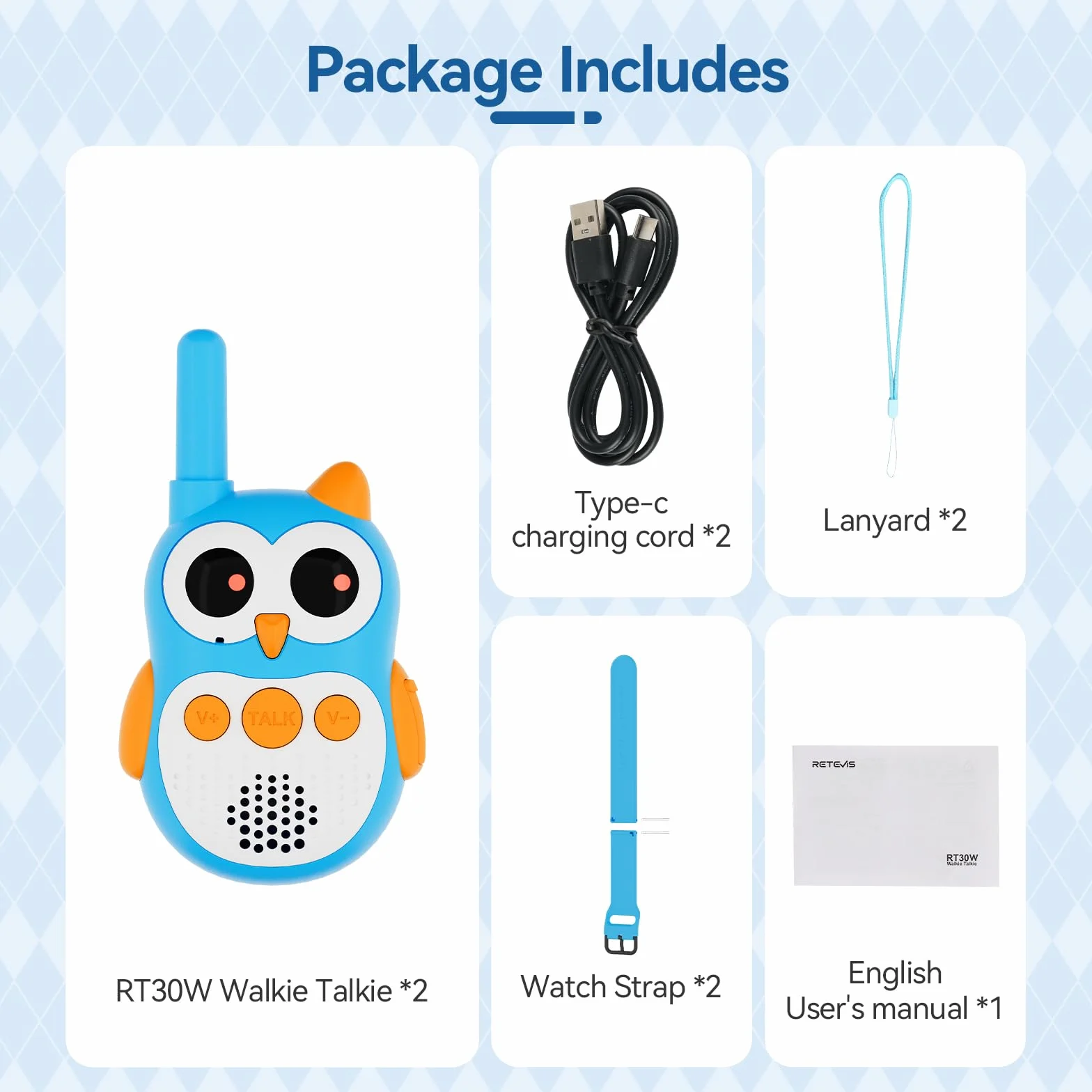 Retevis RT30W Walkie Talkie Bambini Ricaricabili con Occhi LED, Giocattoli Regalo Bambino 4-8 Anni (1 Coppia)