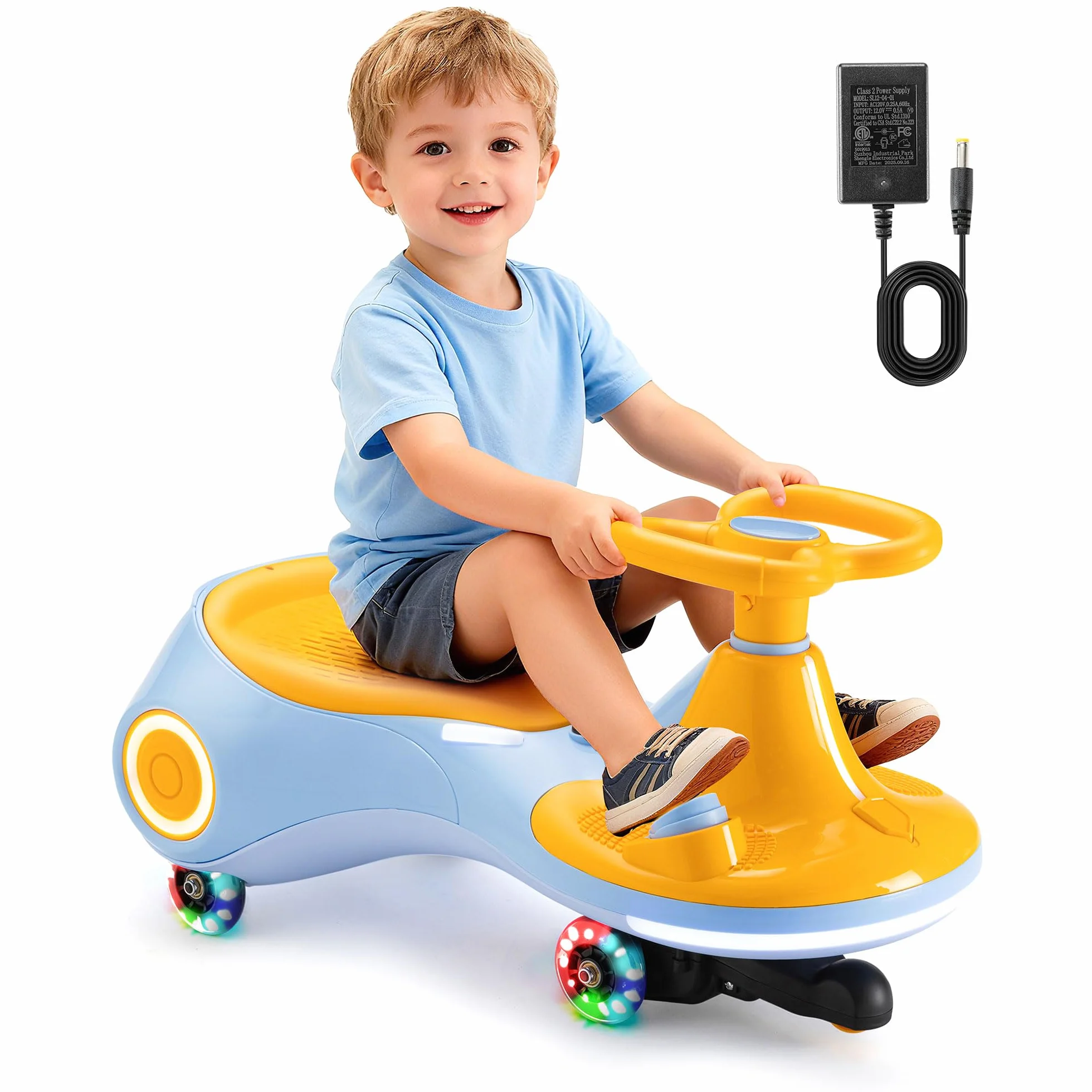 Auto a dondolo elettrica per bambini 12V 3-in-1 batteria ricaricabile anti-ribaltamento ruote luminose musica