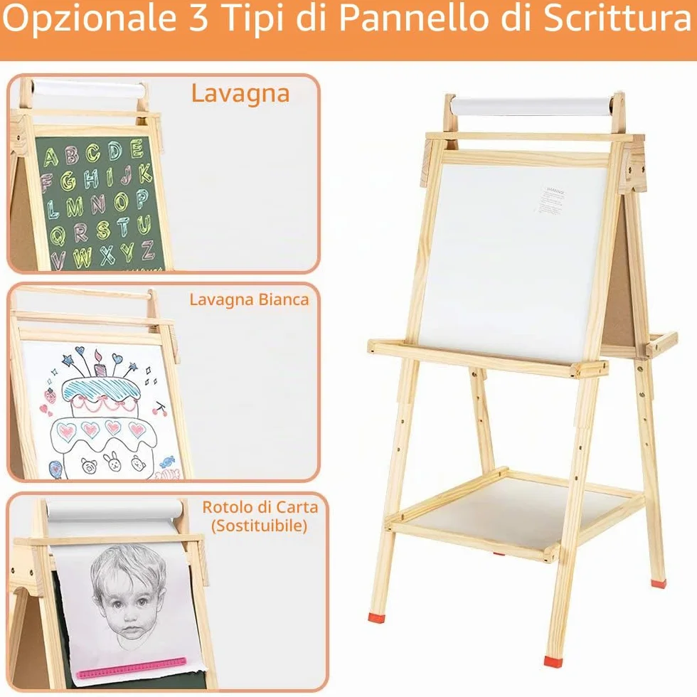 Lavagna per Bambini 3 in 1 Doppia Faccia Cavalletto Artistico in Legno con Rotolo di Carta Regolabile Altezza