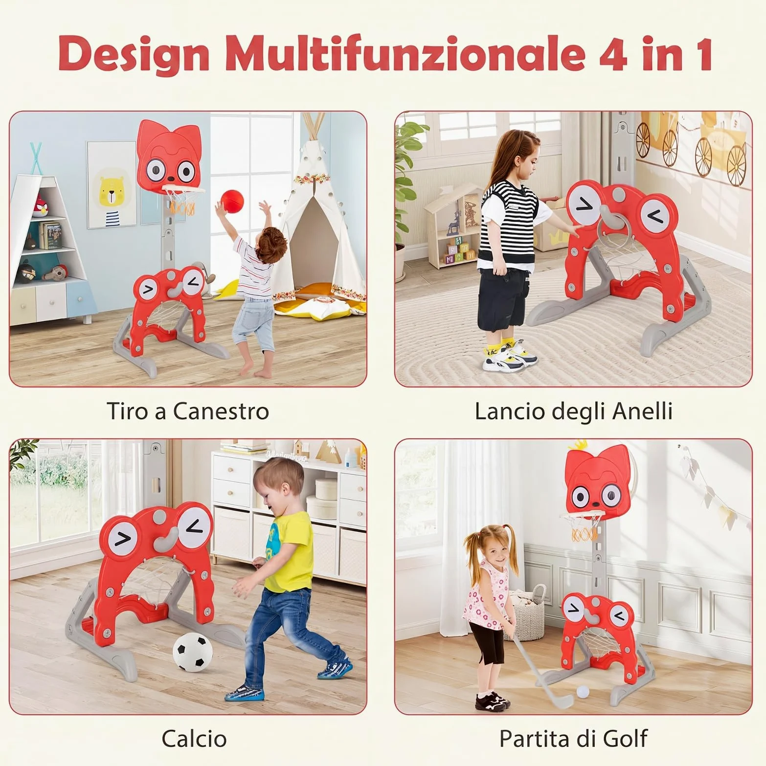 COSTWAY Canestro da Basket 4 in 1 per Bambini 3+ Anni, Altezza 118-148 cm | Centro di Attività Forma Volpe in HDPE con Golf, Calcio e Anelli da Lancio, Base Riempibile, per Cameretta e Asilo Nido