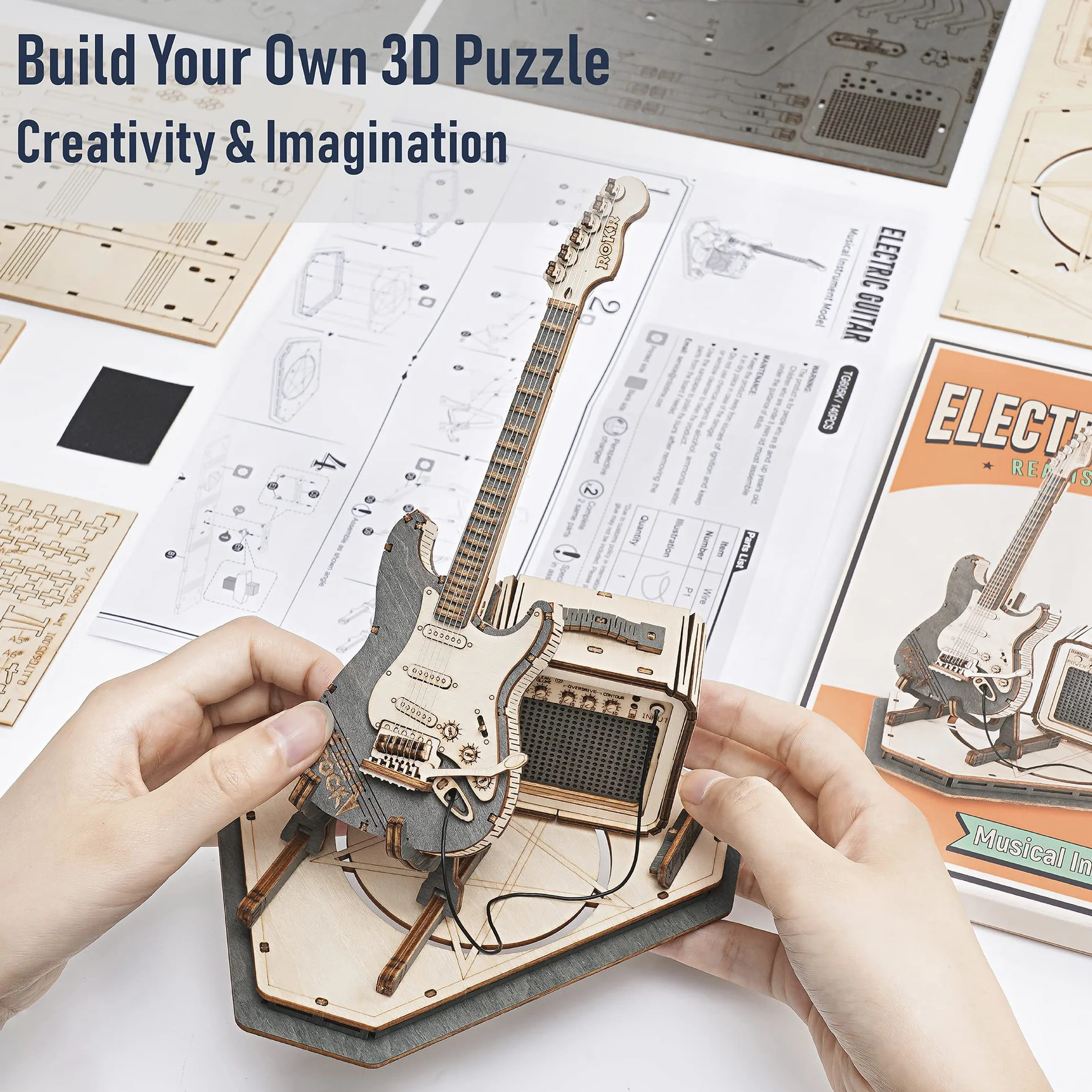 ROKR Puzzle 3D Legno per Bambini e Adulti Modellismo da Costruire Kit Modello Strumento Musicale Chitarra (Guitar)