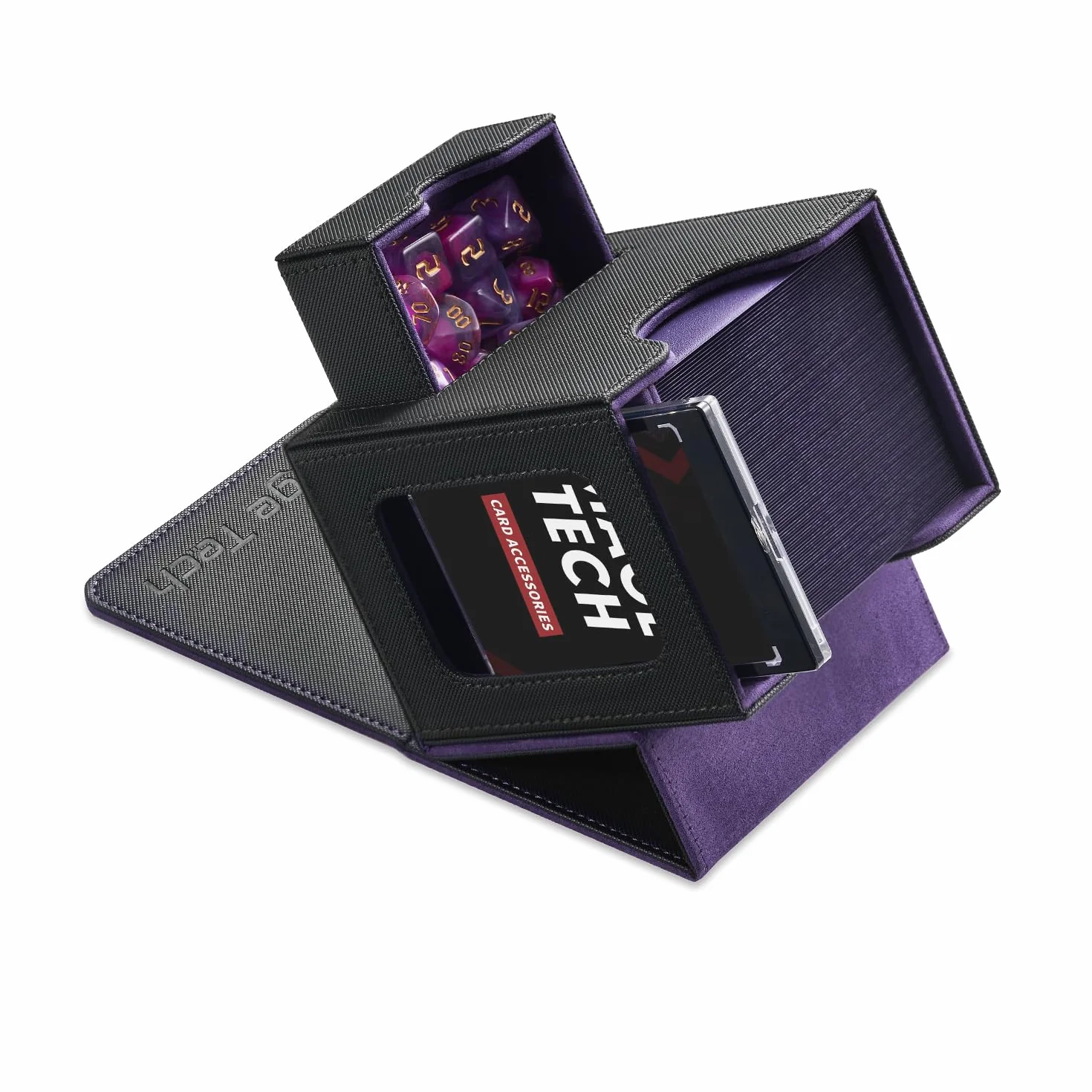 Mage Tech Commander Deck Box per MTG - Design Brevettato, Vetrina Commander, Adatta a 100 Carte Double-Sleeve, Porta Carte Magnetico da 35pt & Vassoio per Dadi - Nero/Viola