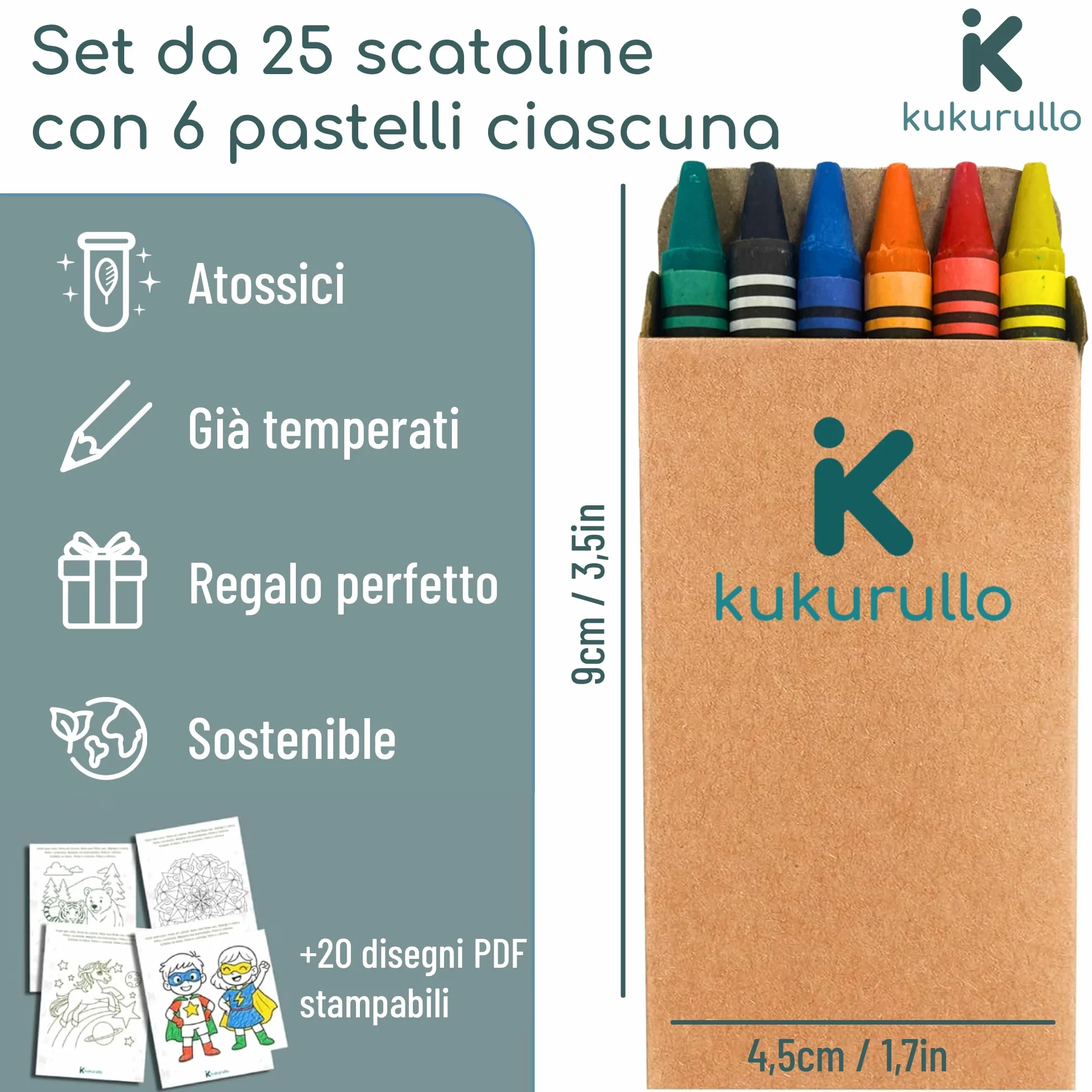 Gadget compleanno bambini - Set di 25 scatole di pastelli a cera colorati - Regalini fine festa per bambini - 6 pastelli per scatola - Perfetti per compleanni e bustine regalo