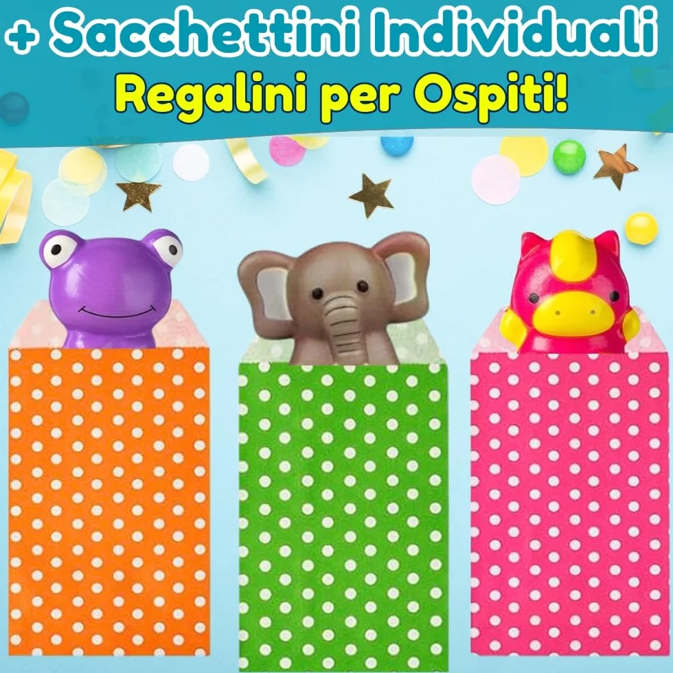 24 PCS Squishy Animali + Sacchetti Regalo Singoli, Giochi Antistress, Tocco Morbido, Espansione Lenta, Gadget Compleanno Bambini | Pack 24 Squishy + Sacchetti Regalo