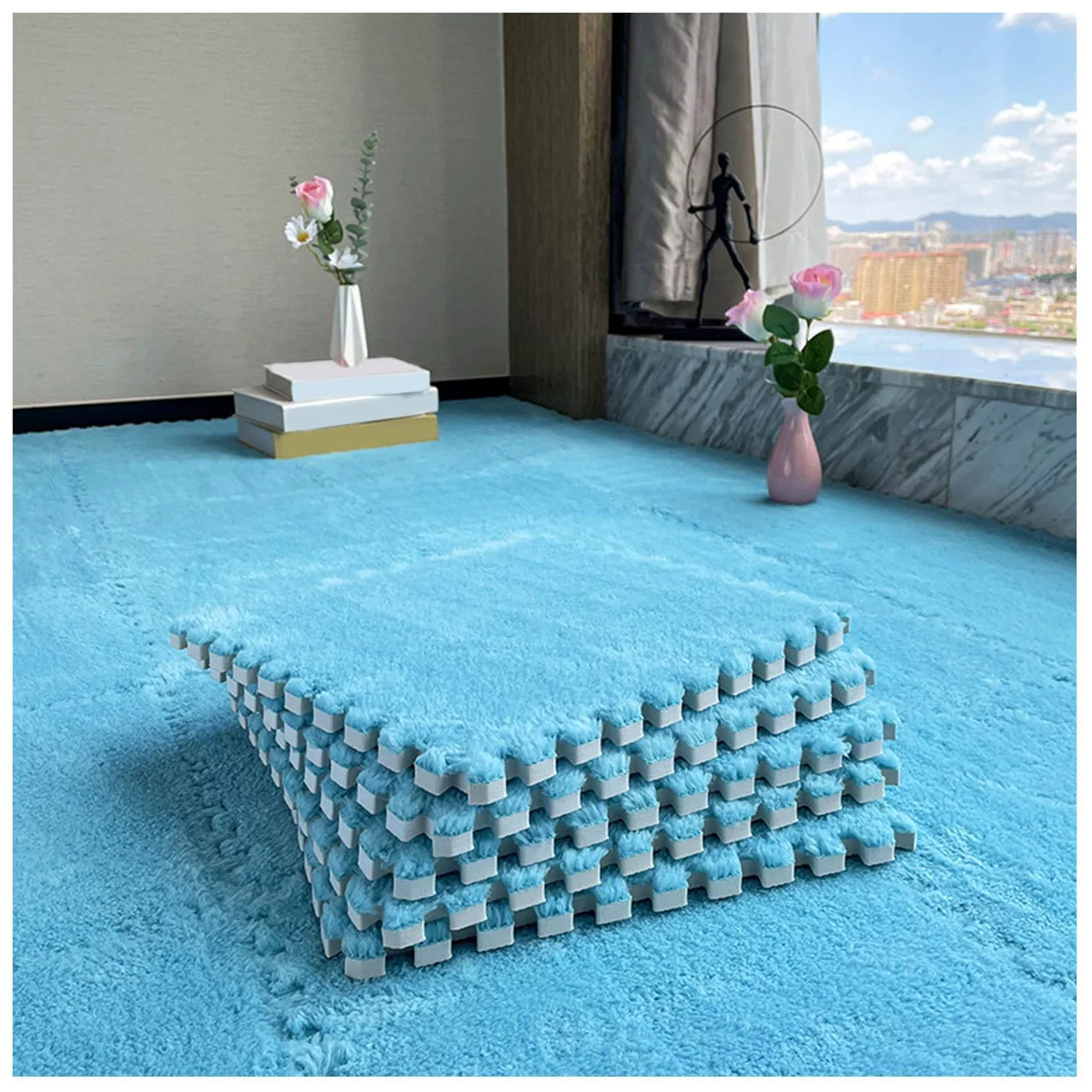80 Piastrelle in Schiuma ad Incastro per tappeti - Tappetino Puzzle a Forma di P Blu Morbido per camere da Letto, Sale Giochi e camerette per Bambini - Blocchi in Schiuma Puzzle (Spessore 0,