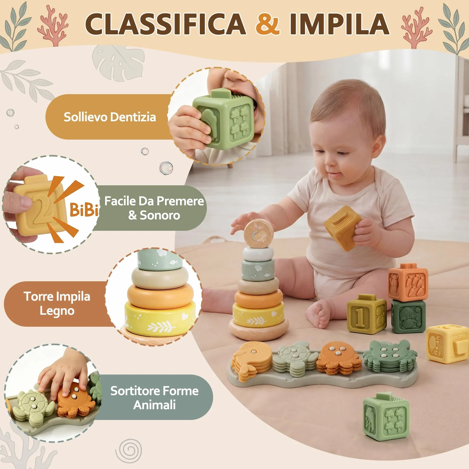 Anook Giochi Montessori 6 Mesi, 5 in 1 Giochi 6 8 10 Mesi Include Giochi Bambini Formine, Costruzioni Bambini 6 Mesi, Scatola di Fazzoletti, Giochi Sensoriali Neonato per Regalo Bimba Bimbo 6-24 Mesi