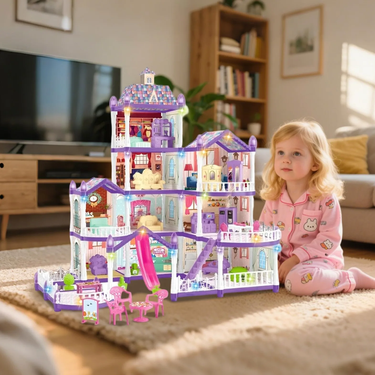 Casa Di Bambole Per Bambine 4 Piani 13 Stanze Da Montare Miniatura | Villa Giocattolo Con 3 Principesse, 2 Cuccioli e Arredamento Per Bambini 4-6 di Ruolo Regalo Natale