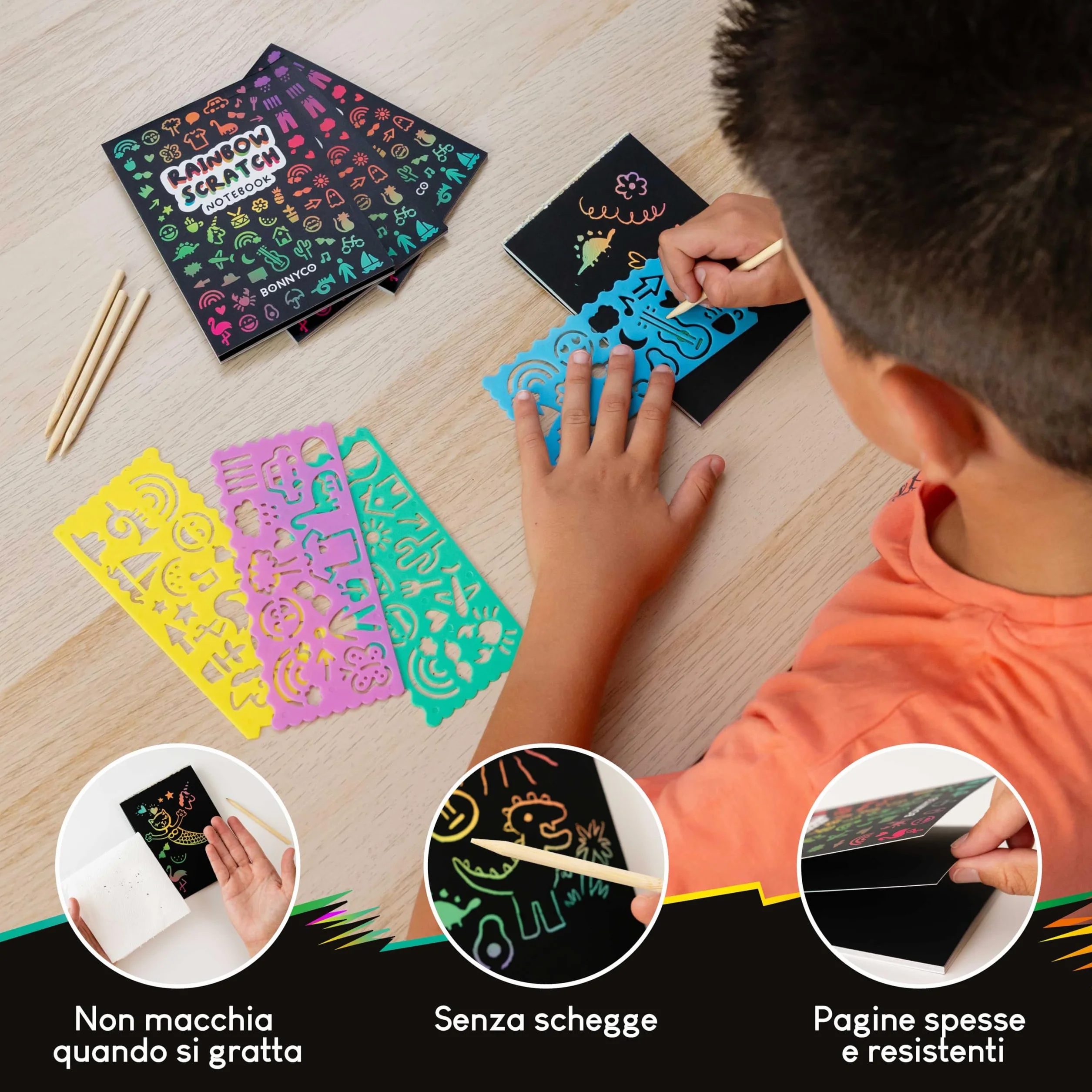 BONNYCO Scratch Art Bambini, 16 Set con Quaderno da Grattare, Stencil e Penna in Legno