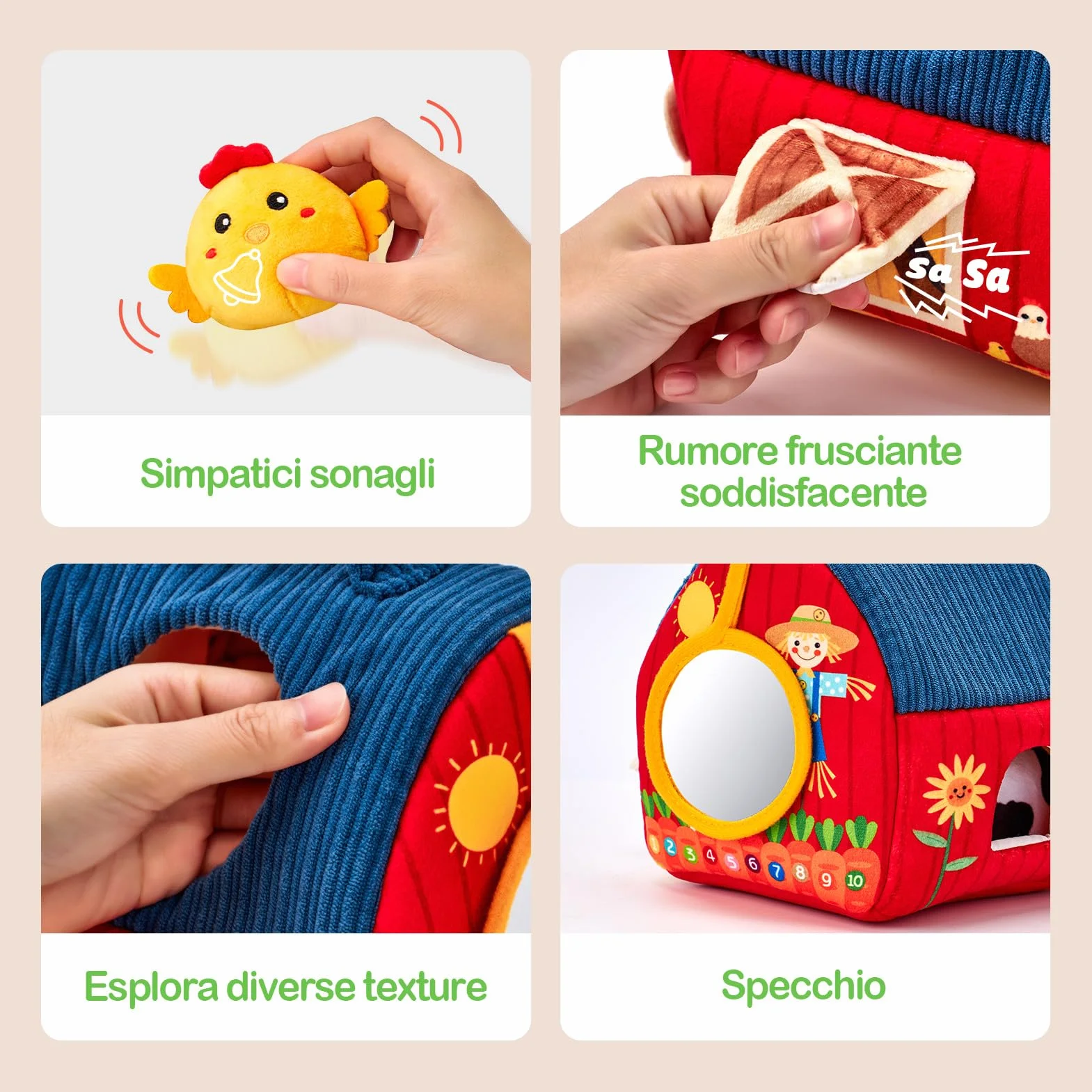 Montessori Casa Morbida Giochi Bambino 1 Anno Animali da Fattoria con Fienile Sonaglio Specchio Gioco Sensoriale Regalo Bimbo Bimba