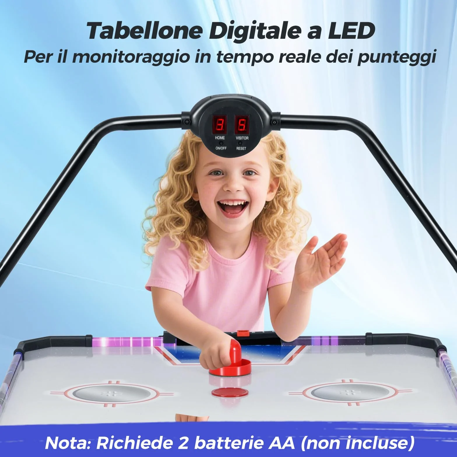 COSTWAY Tavolo Air Hockey, Tavolo da Gioco con Segnapunti Digitale LED 2 Spintori e 2 Dischi, 12V Potente Motore, per Casa Sala Giochi e Ufficio, 144 x 68 x 81 cm