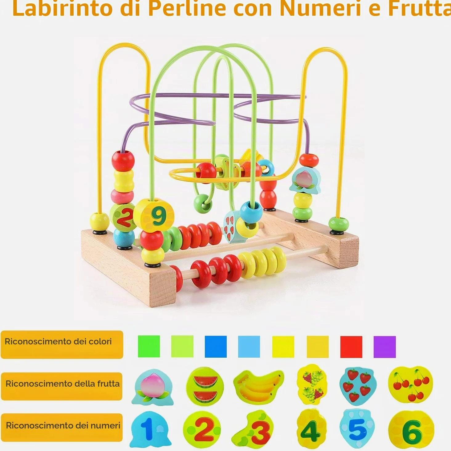 Jacootoys Frutta Legno Labirinti di Perline Abaco Montagne Russe Rotolamento Cerchio Giocattoli educativi Bambini Ragazzi Ragazze