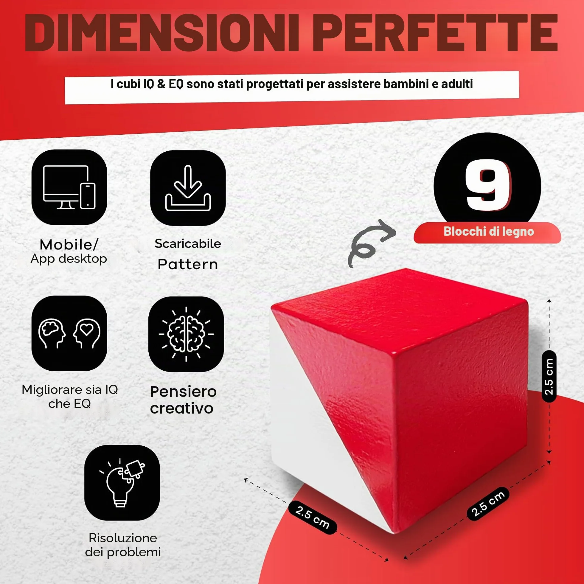 PrfcNL Blocchi di Prova IQ - 9 Cubi in Legno Bianco e Rosso con 60 Modelli e App Mobile, Ideali per WISC, WAIS, Prep WPPSI, Giocattolo Regalo Montessori Educativo STEM per Tutte le Età